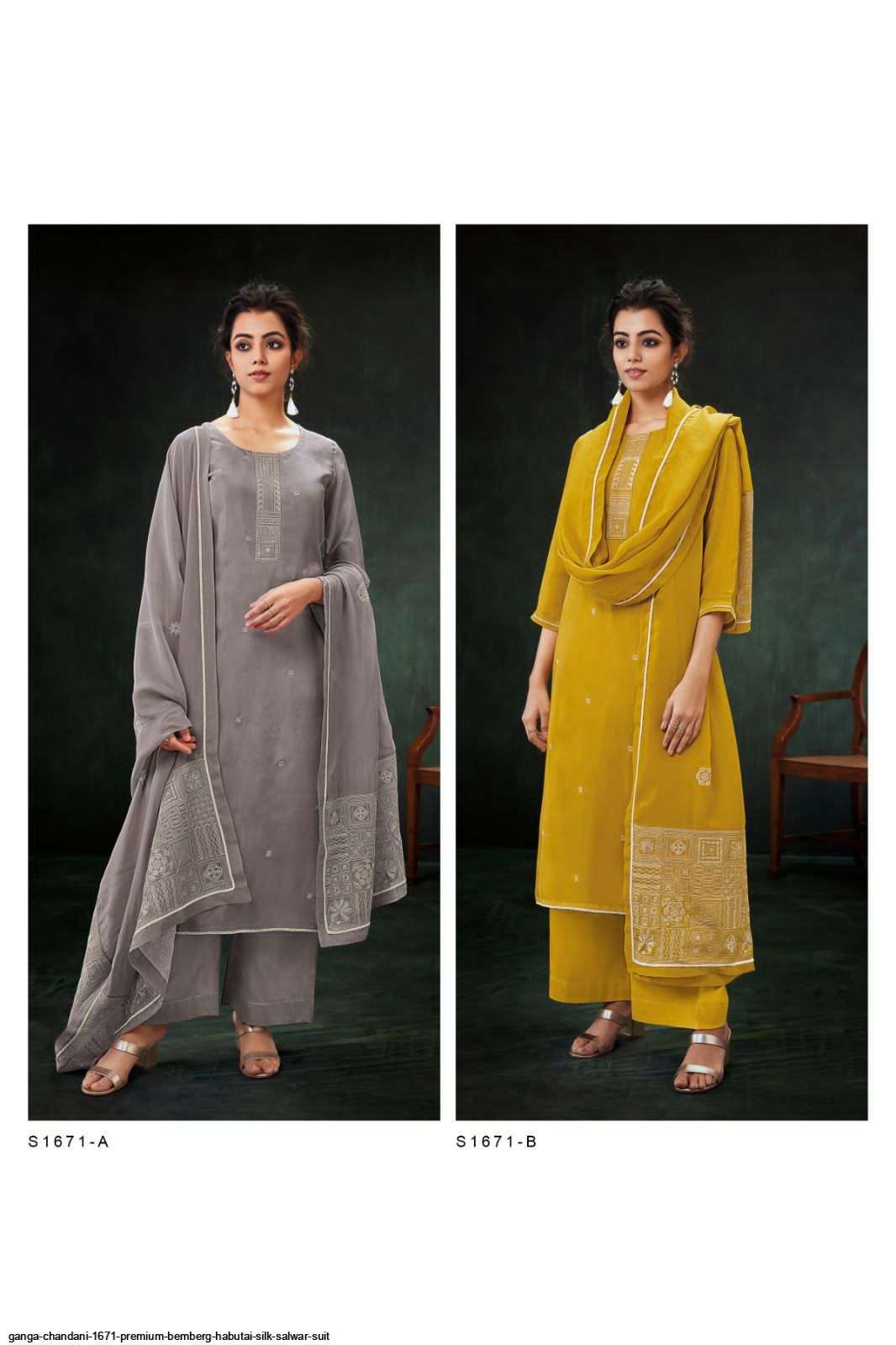 Chandni-1671 By Ganga Fashion 1671-A To 1671-B Series Beautiful Suits Colorful Stylish Fancy Casual Wear & Ethnic Wear Bemberg Silk Dresses At Wholesale Price