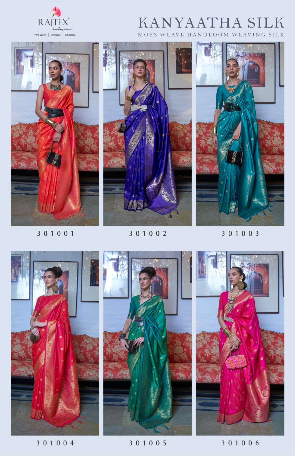 Kanyaatha Silk By Raj Tex 301001 To 301006 Series Indian Traditional Wear Collection Beautiful Stylish Fancy Colorful Party Wear & Occasional Wear Handloom Silk Sarees At Wholesale Price