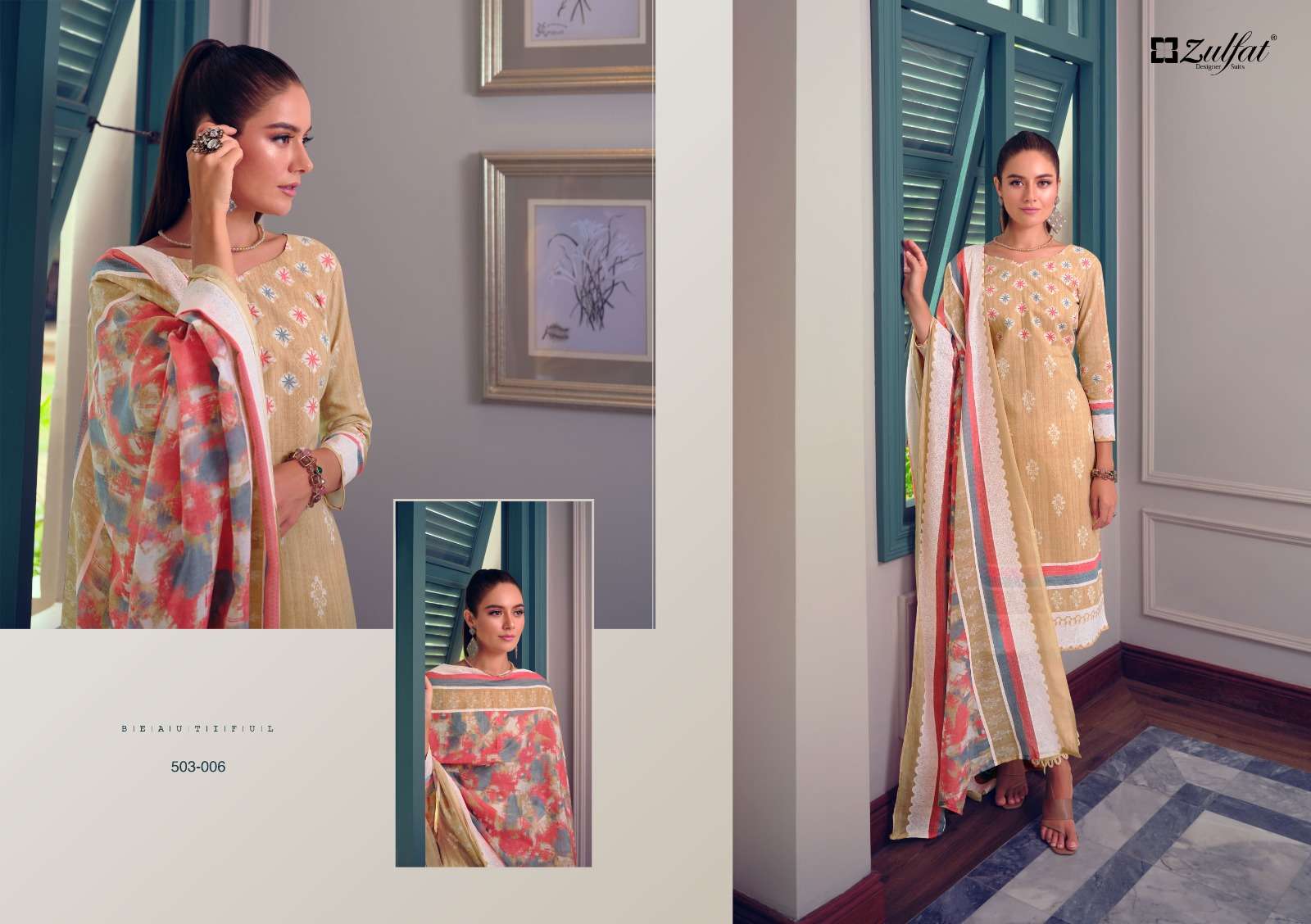 Nasreen By Zulfat 503-001 To 503-010 Series Beautiful Suits Stylish Colorful Fancy Casual Wear & Ethnic Wear Pure Cotton Print Dresses At Wholesale Price