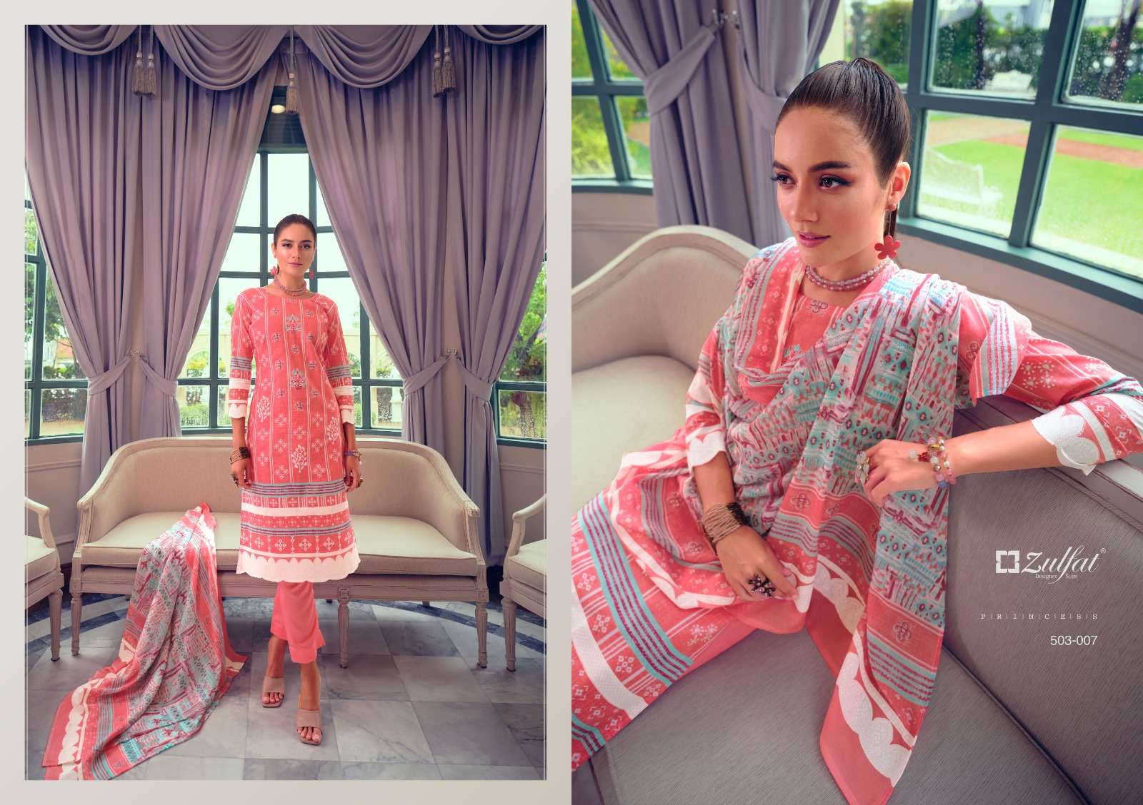 Nasreen By Zulfat 503-001 To 503-010 Series Beautiful Suits Stylish Colorful Fancy Casual Wear & Ethnic Wear Pure Cotton Print Dresses At Wholesale Price