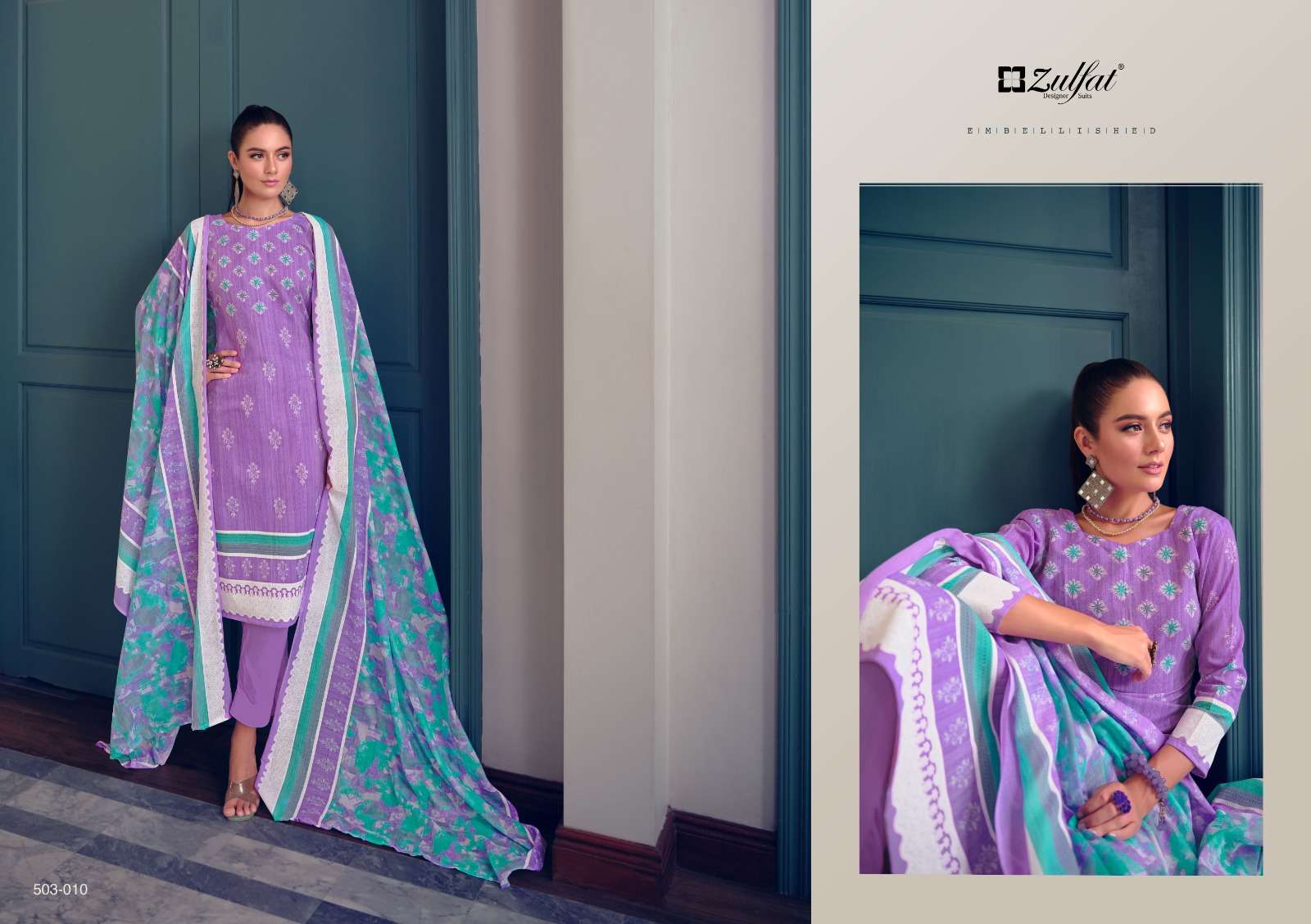 Nasreen By Zulfat 503-001 To 503-010 Series Beautiful Suits Stylish Colorful Fancy Casual Wear & Ethnic Wear Pure Cotton Print Dresses At Wholesale Price