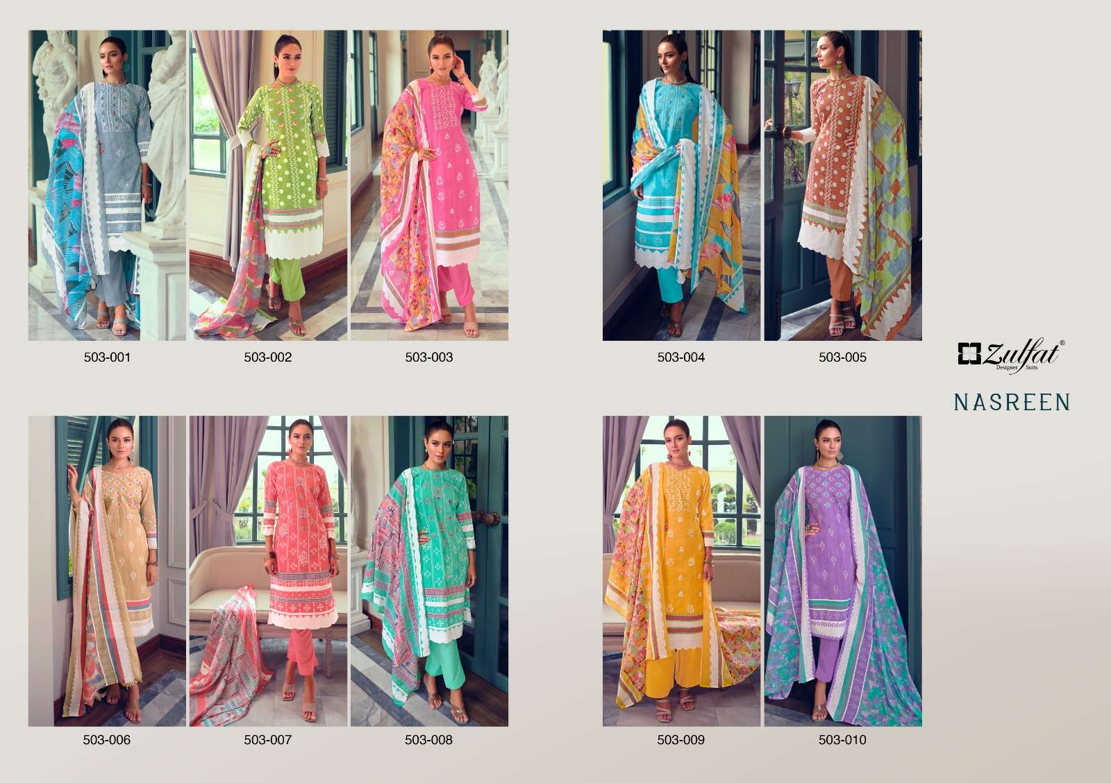 Nasreen By Zulfat 503-001 To 503-010 Series Beautiful Suits Stylish Colorful Fancy Casual Wear & Ethnic Wear Pure Cotton Print Dresses At Wholesale Price