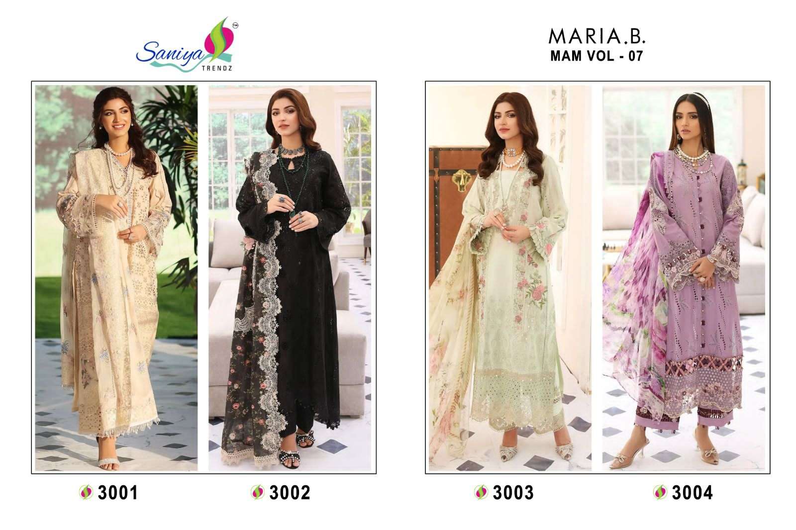 Maria.B. Vol-7 By Saniya Trendz 3001 To 3004 Series Beautiful Pakistani Suits Colorful Stylish Fancy Casual Wear & Ethnic Wear Cambric Cotton Dresses At Wholesale Price