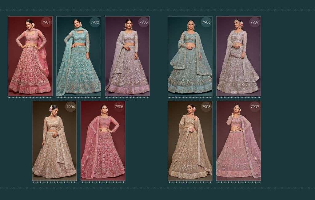The Shimmers Vol-1 By Fashid Wholesale 7901 To 7909 Series Festive Wear Collection Beautiful Stylish Colorful Fancy Party Wear & Occasional Wear Soft Net Lehengas At Wholesale Price