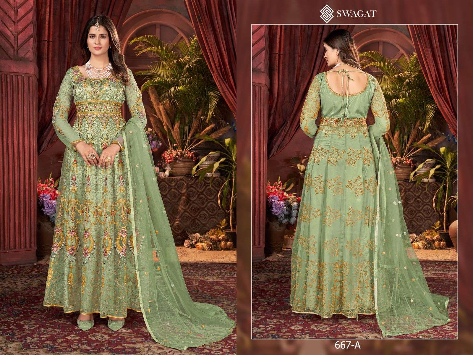 Swagat 667 Colours By Swagat 667-A To 667-D Series Beautiful Anarkali Suits Colorful Stylish Fancy Casual Wear & Ethnic Wear Net Dresses At Wholesale Price