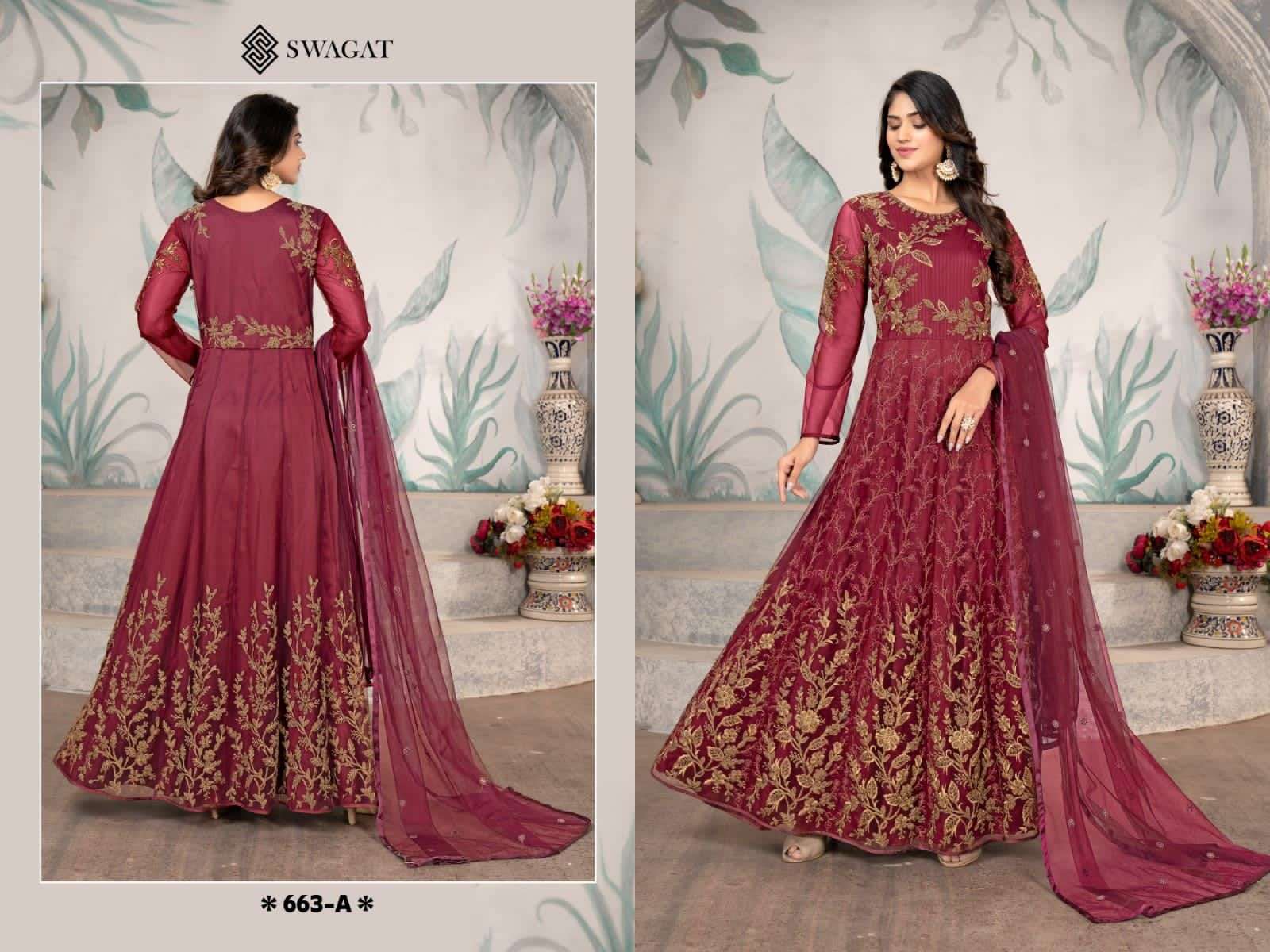 Swagat 663 Colours By Swagat 663-A To 663-D Series Beautiful Anarkali Suits Colorful Stylish Fancy Casual Wear & Ethnic Wear Net Dresses At Wholesale Price