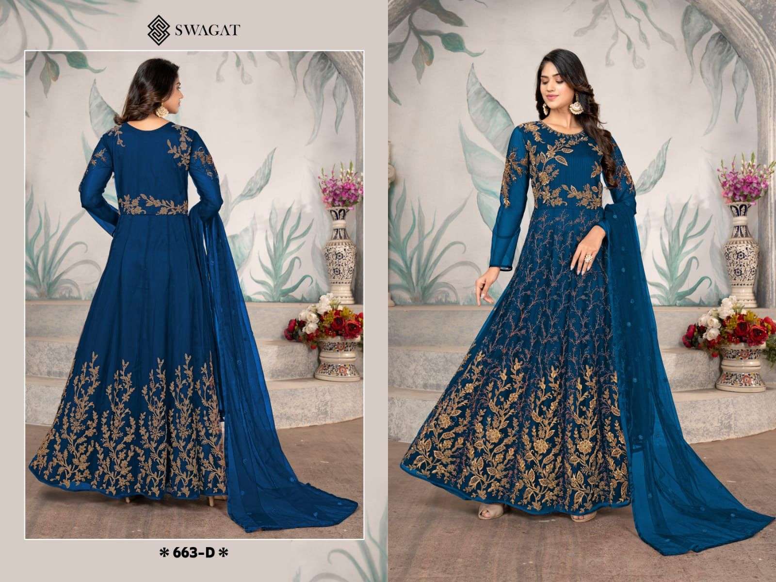 Swagat 663 Colours By Swagat 663-A To 663-D Series Beautiful Anarkali Suits Colorful Stylish Fancy Casual Wear & Ethnic Wear Net Dresses At Wholesale Price