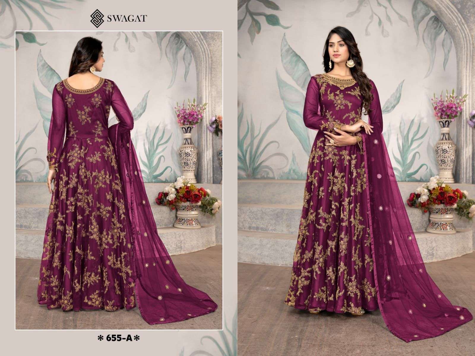 Swagat 655 Colours By Swagat 655-A To 655-D Series Beautiful Anarkali Suits Colorful Stylish Fancy Casual Wear & Ethnic Wear Net Dresses At Wholesale Price