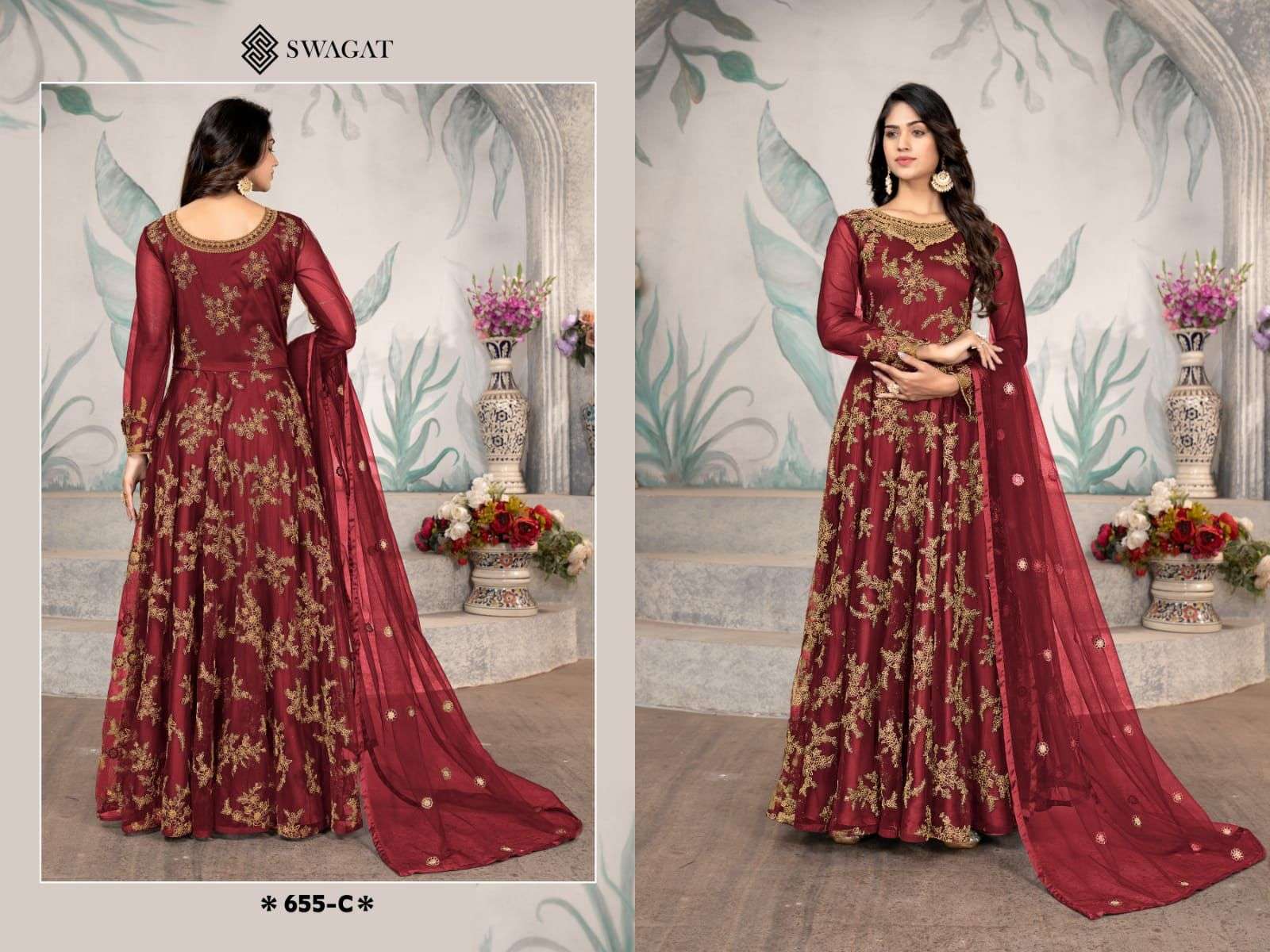 Swagat 655 Colours By Swagat 655-A To 655-D Series Beautiful Anarkali Suits Colorful Stylish Fancy Casual Wear & Ethnic Wear Net Dresses At Wholesale Price