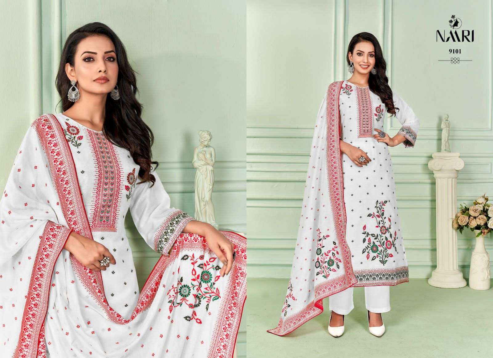 Riwaz By Naari 9101 To 9104 Series Beautiful Stylish Festive Suits Fancy Colorful Casual Wear & Ethnic Wear & Ready To Wear Pure Muslin Jacquard Print Dresses At Wholesale Price