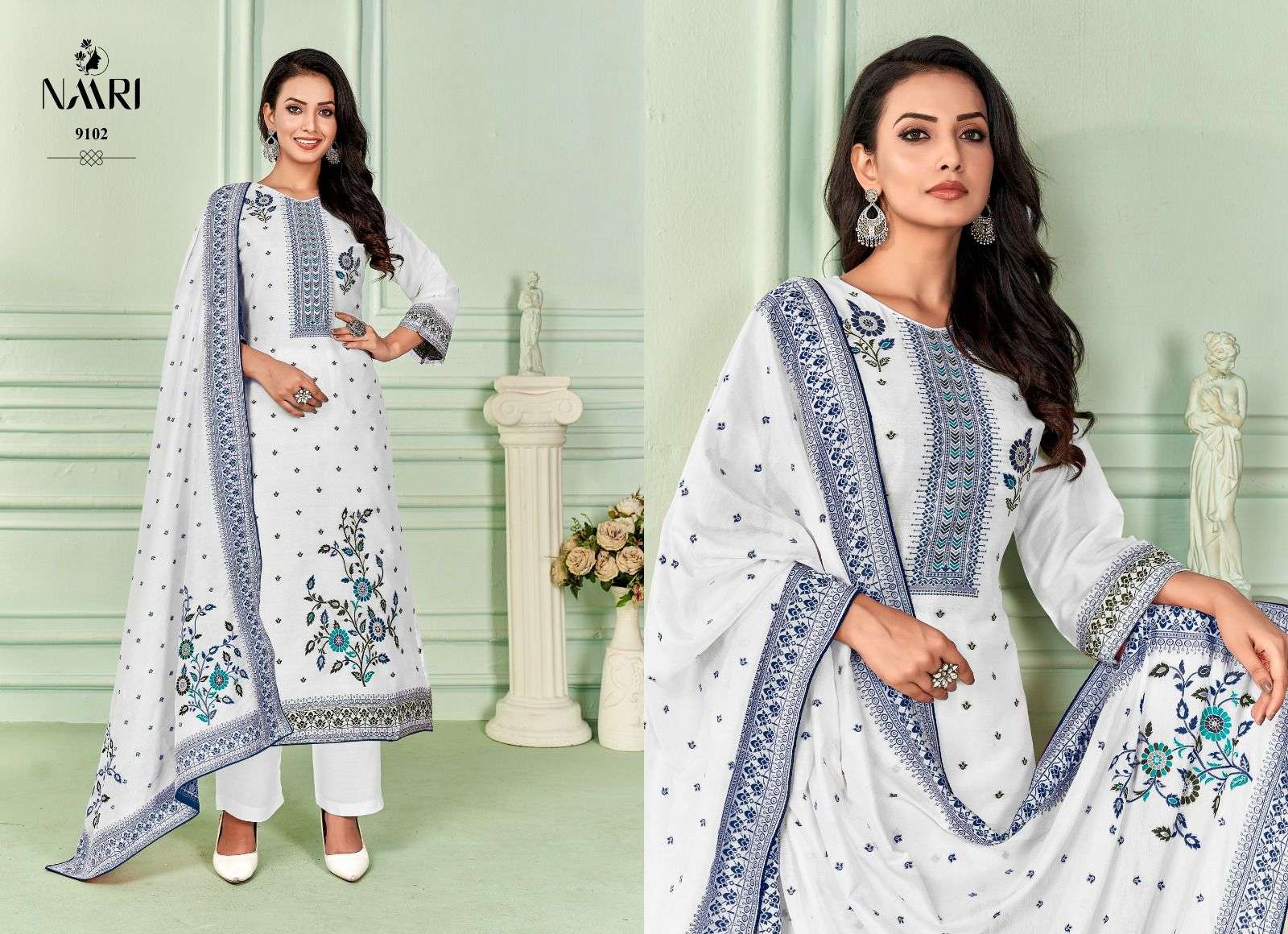 Riwaz By Naari 9101 To 9104 Series Beautiful Stylish Festive Suits Fancy Colorful Casual Wear & Ethnic Wear & Ready To Wear Pure Muslin Jacquard Print Dresses At Wholesale Price