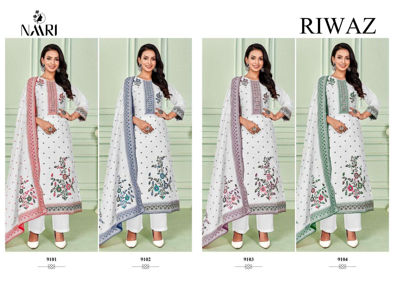 Riwaz By Naari 9101 To 9104 Series Beautiful Stylish Festive Suits Fancy Colorful Casual Wear & Ethnic Wear & Ready To Wear Pure Muslin Jacquard Print Dresses At Wholesale Price