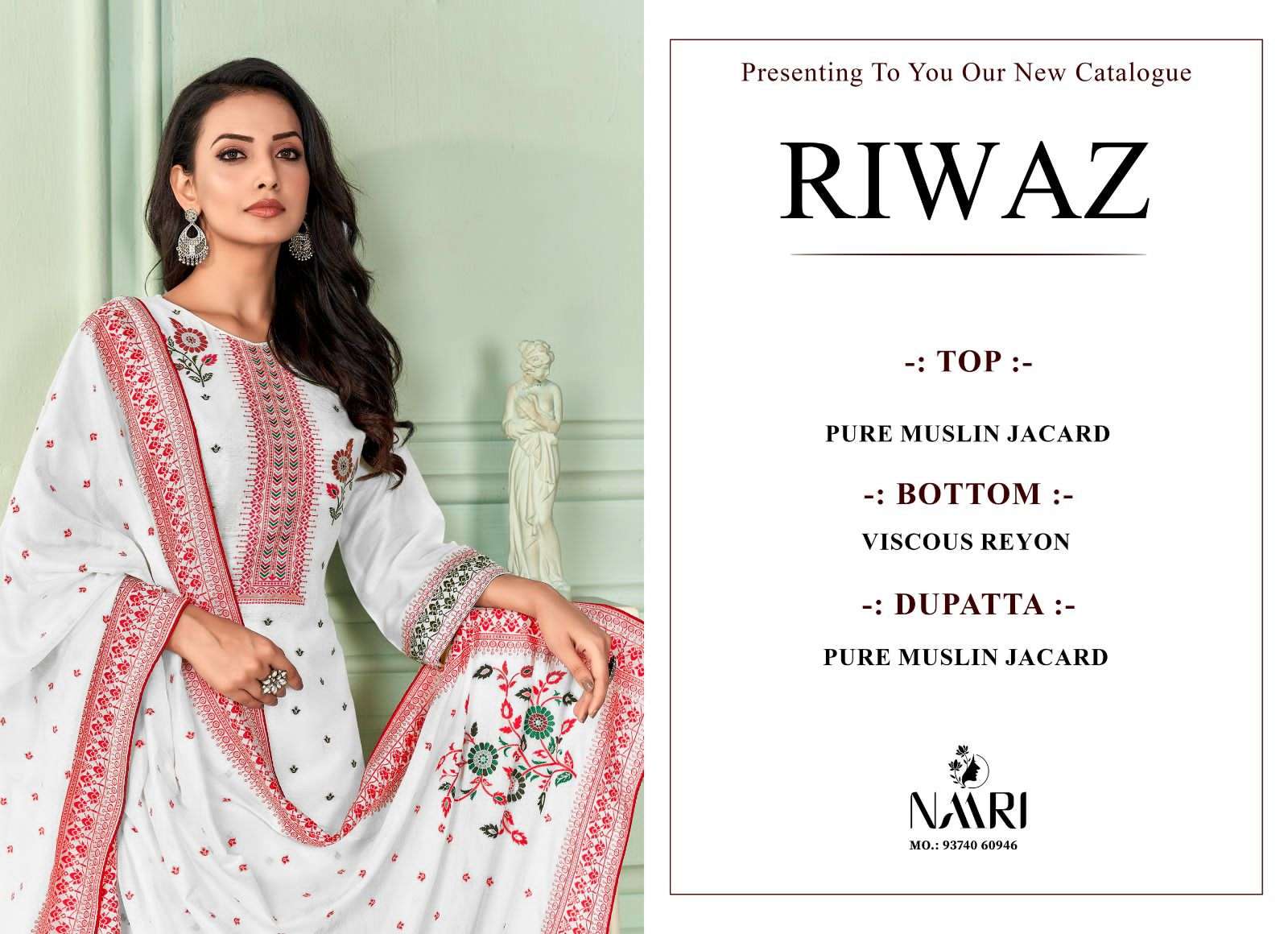 Riwaz By Naari 9101 To 9104 Series Beautiful Stylish Festive Suits Fancy Colorful Casual Wear & Ethnic Wear & Ready To Wear Pure Muslin Jacquard Print Dresses At Wholesale Price