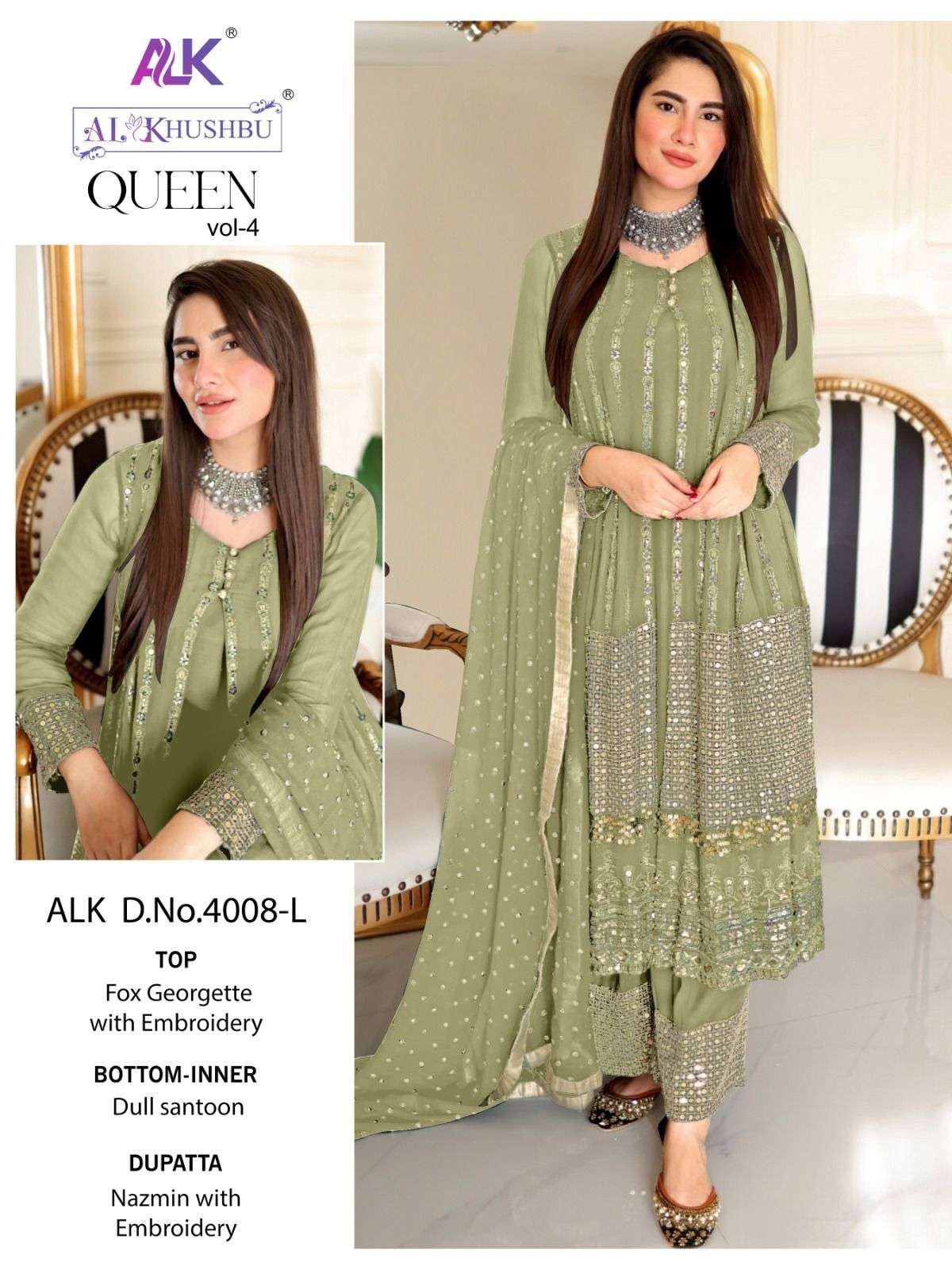 Queen Vol-4 By Al Khushbu 4008-L To 4008-O Series Beautiful Pakistani Suits Colorful Stylish Fancy Casual Wear & Ethnic Wear Faux Georgette Dresses At Wholesale Price