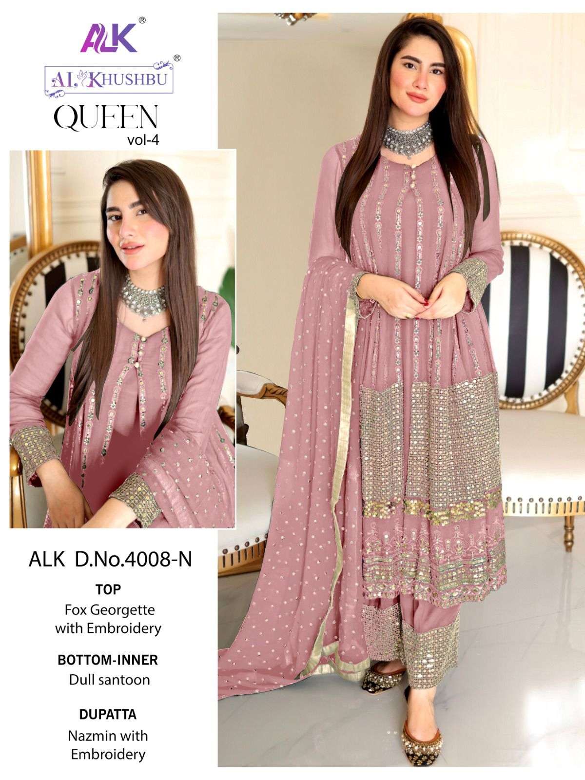 Queen Vol-4 By Al Khushbu 4008-L To 4008-O Series Beautiful Pakistani Suits Colorful Stylish Fancy Casual Wear & Ethnic Wear Faux Georgette Dresses At Wholesale Price