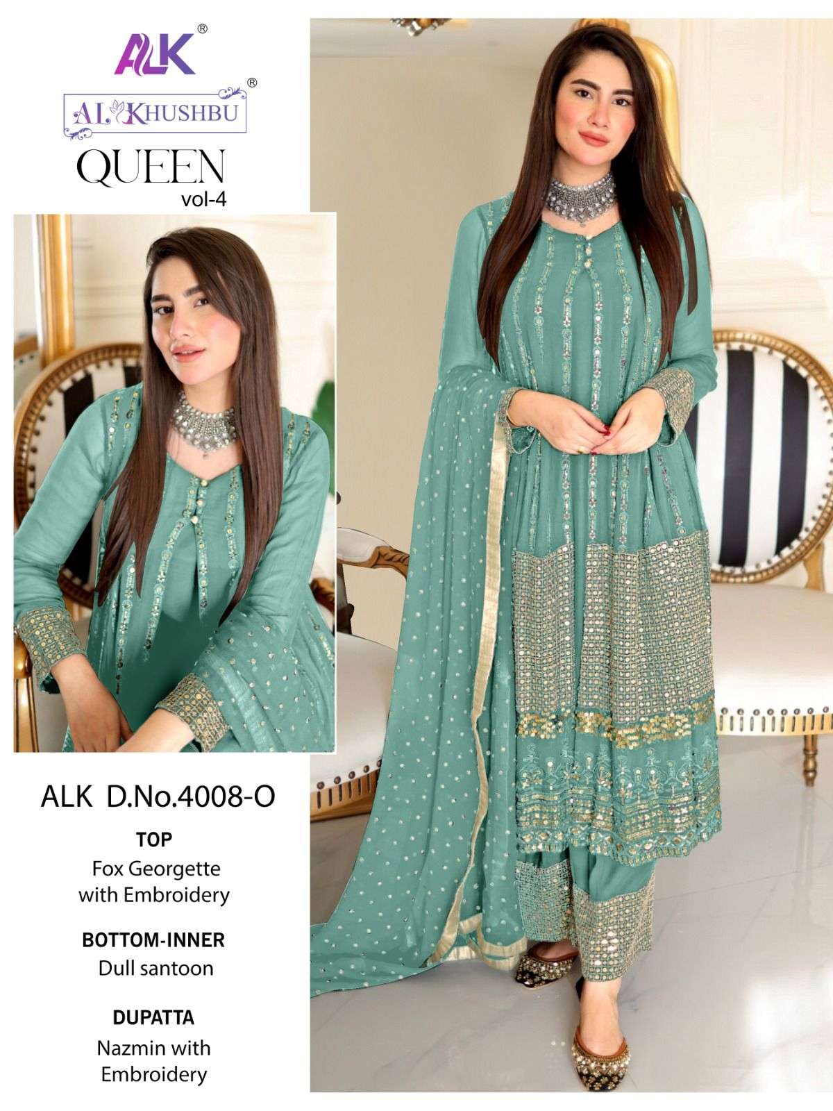 Queen Vol-4 By Al Khushbu 4008-L To 4008-O Series Beautiful Pakistani Suits Colorful Stylish Fancy Casual Wear & Ethnic Wear Faux Georgette Dresses At Wholesale Price