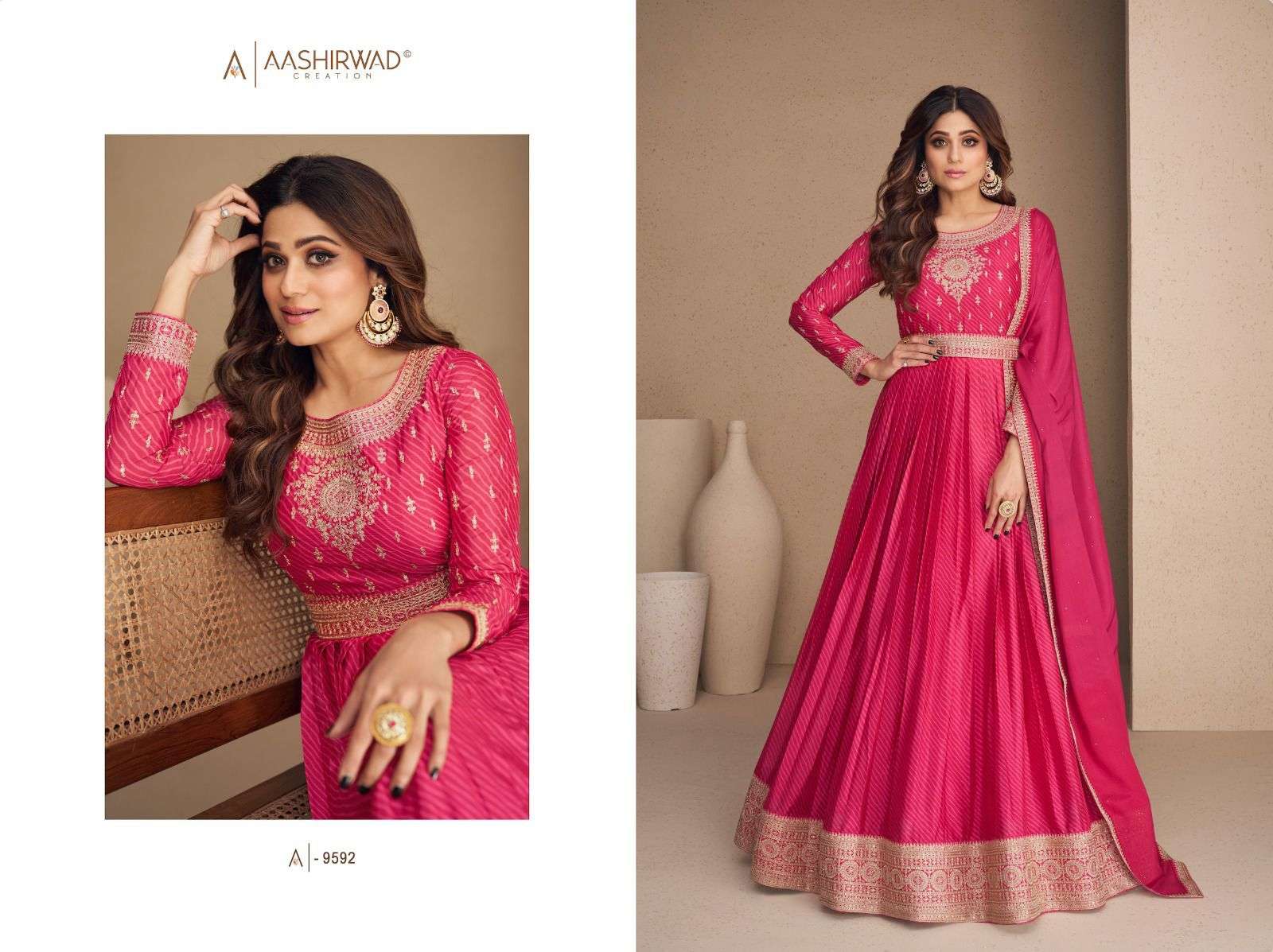 Rani Sahiba By Aashirwad Creation 9592 To 9596 Series Beautiful Stylish Fancy Colorful Casual Wear & Ethnic Wear Chinnon Silk Gowns With Dupatta At Wholesale Price
