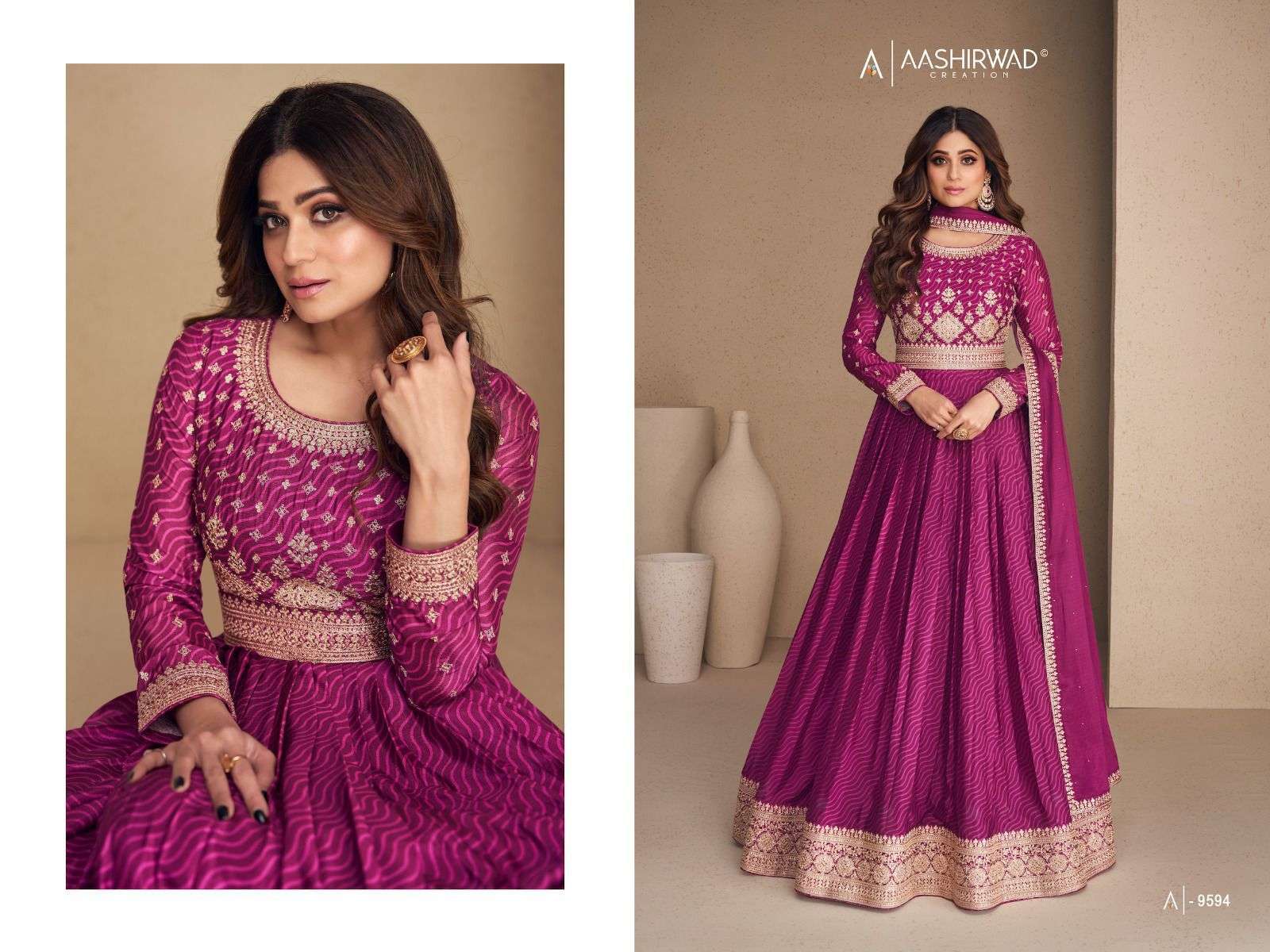 Rani Sahiba By Aashirwad Creation 9592 To 9596 Series Beautiful Stylish Fancy Colorful Casual Wear & Ethnic Wear Chinnon Silk Gowns With Dupatta At Wholesale Price