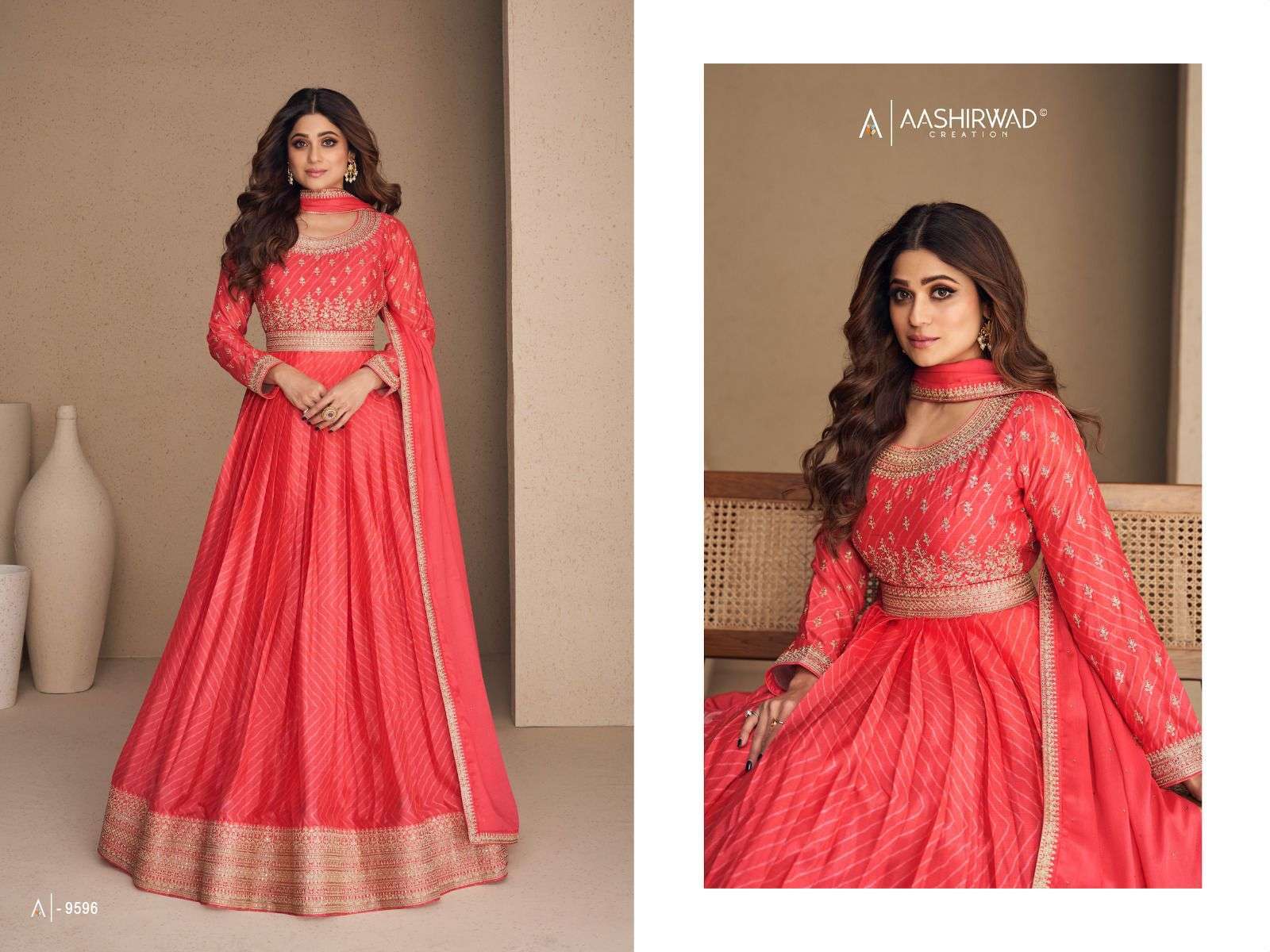 Rani Sahiba By Aashirwad Creation 9592 To 9596 Series Beautiful Stylish Fancy Colorful Casual Wear & Ethnic Wear Chinnon Silk Gowns With Dupatta At Wholesale Price