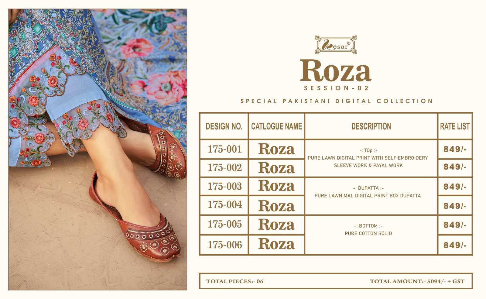 Roza Vol-2 By Kesar 175-001 To 175-006 Series Beautiful Festive Suits Colorful Stylish Fancy Casual Wear & Ethnic Wear Pure Lawn Digital Print Dresses At Wholesale Price