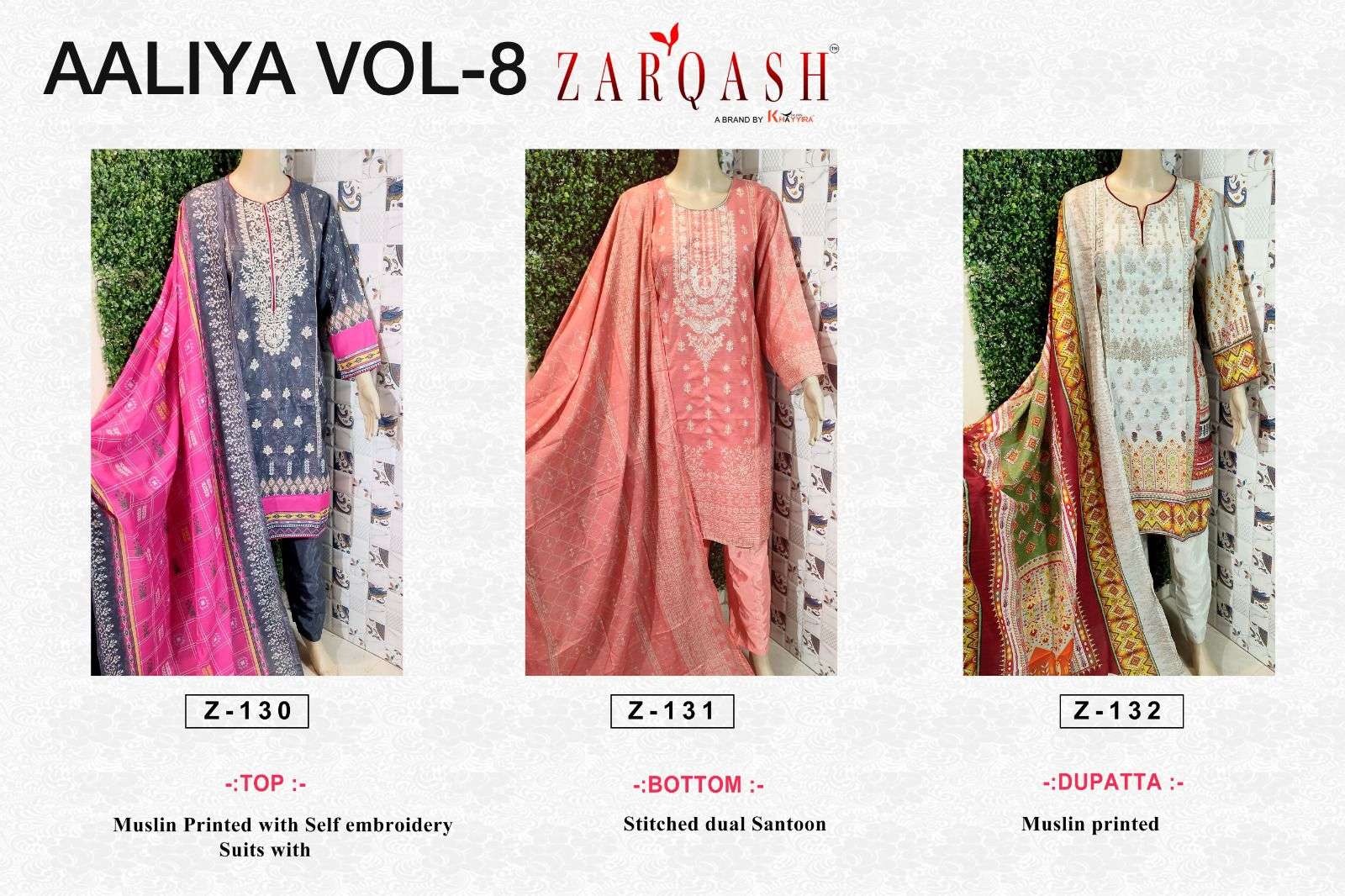 Aaliya Vol-8 By Zarqash 130 To 132 Series Designer Festive Pakistani Suits Collection Beautiful Stylish Fancy Colorful Party Wear & Occasional Wear Muslin Print With Embroidered Dresses At Wholesale Price