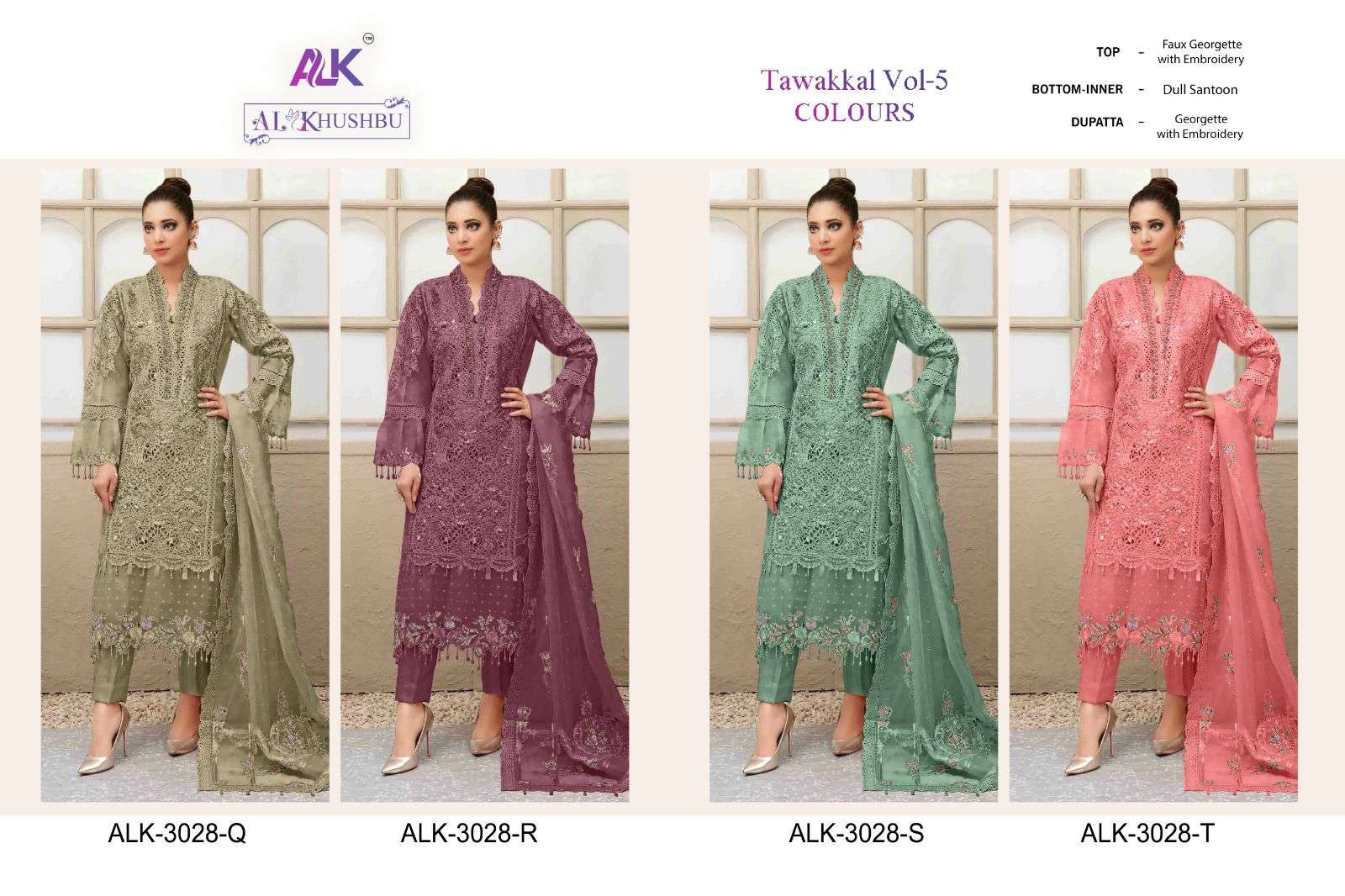 Tawakkal Vol-5 Colours By Al Khushbu 3028-Q To 3028-T Series Designer Pakistani Suits Beautiful Stylish Fancy Colorful Party Wear & Occasional Wear Net Embroidered Dresses At Wholesale Price