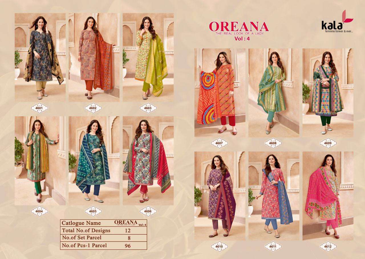 Oreana Vol-4 By Kala 4601 To 4612 Series Beautiful Festive Suits Colorful Stylish Fancy Casual Wear & Ethnic Wear Pure Cotton Print Dresses At Wholesale Price