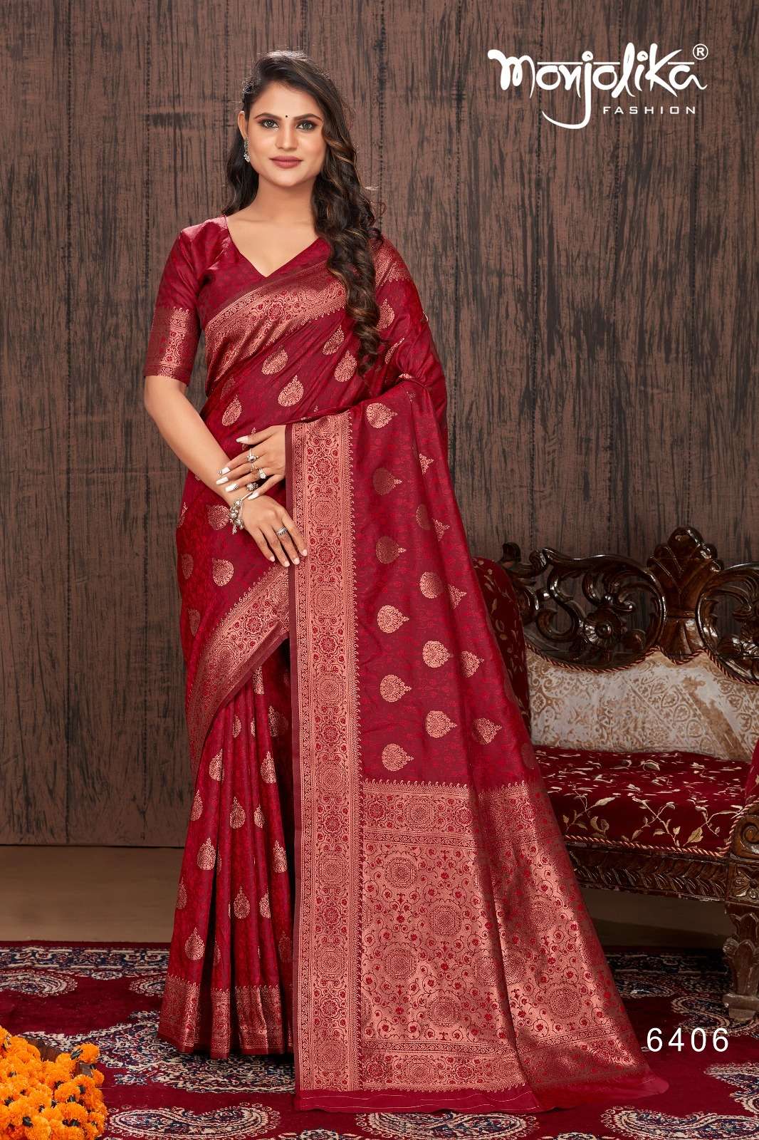 Mahadevi By Monjolika 6401 To 6407 Series Indian Traditional Wear Collection Beautiful Stylish Fancy Colorful Party Wear & Occasional Wear Banarasi Silk Sarees At Wholesale Price
