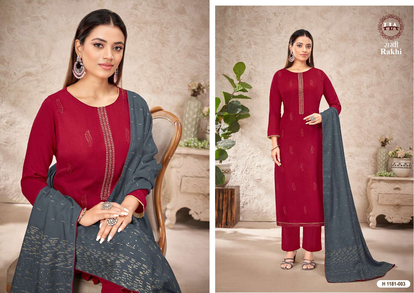 Rakhi By Harshit Fashion Hub 1181-001 To 1181-004 Series Beautiful Stylish Festive Suits Fancy Colorful Casual Wear & Ethnic Wear & Ready To Wear Rayon Slub Embroidered Dresses At Wholesale Price