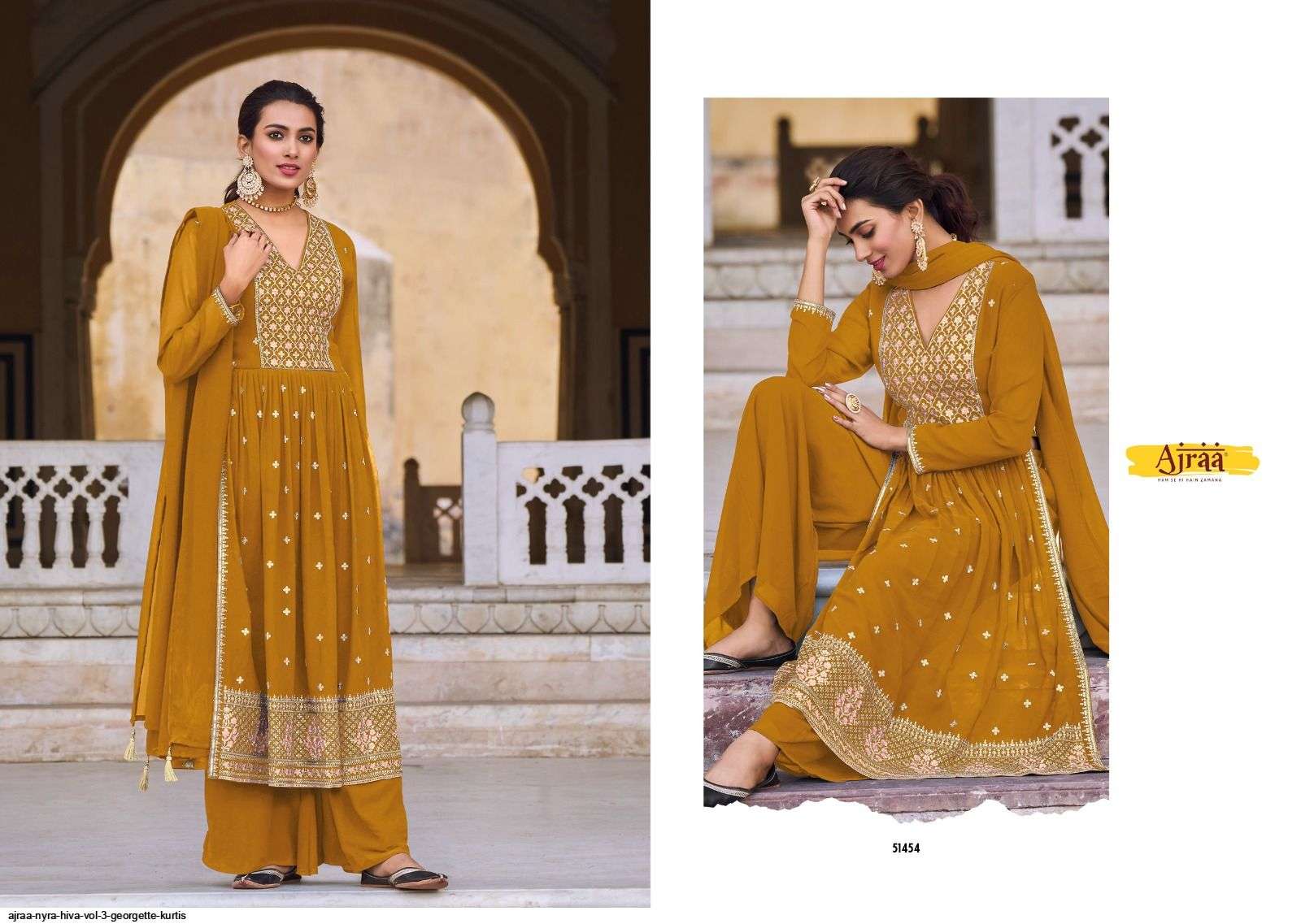 Hiva Vol-3 By Ajraa 51451 To 51456 Series Designer Festive Sharara Suits Collection Beautiful Stylish Fancy Colorful Party Wear & Occasional Wear Heavy Georgette Embroidered Dresses At Wholesale Price