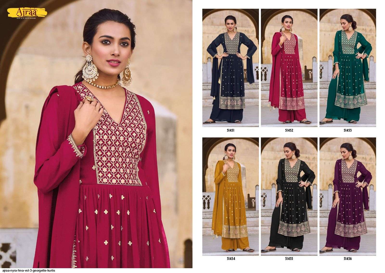 Hiva Vol-3 By Ajraa 51451 To 51456 Series Designer Festive Sharara Suits Collection Beautiful Stylish Fancy Colorful Party Wear & Occasional Wear Heavy Georgette Embroidered Dresses At Wholesale Price