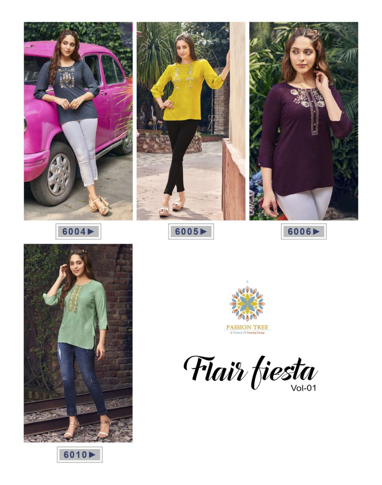Flair Fiesta Vol-1 By Passion Tree 6001 To 6010 Series Beautiful Stylish Fancy Colorful Casual Wear & Ethnic Wear Heavy Rayon Slub Tops At Wholesale Price