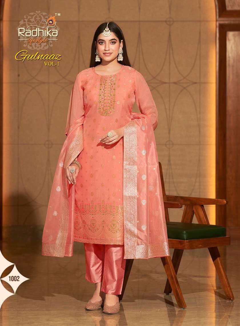 Gulnaaz Vol-1 By Radhika Lifestyle 1001 To 1006 Series Festive Suits Beautiful Fancy Colorful Stylish Party Wear & Occasional Wear Organza Dresses At Wholesale Price