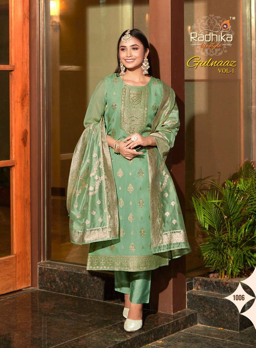 Gulnaaz Vol-1 By Radhika Lifestyle 1001 To 1006 Series Festive Suits Beautiful Fancy Colorful Stylish Party Wear & Occasional Wear Organza Dresses At Wholesale Price