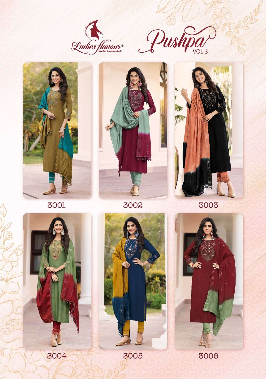 Pushpa Vol-3 By Ladies Flavour 3001 To 3006 Series Festive Suits Beautiful Fancy Colorful Stylish Party Wear & Occasional Wear Viscose Rayon Dresses At Wholesale Price