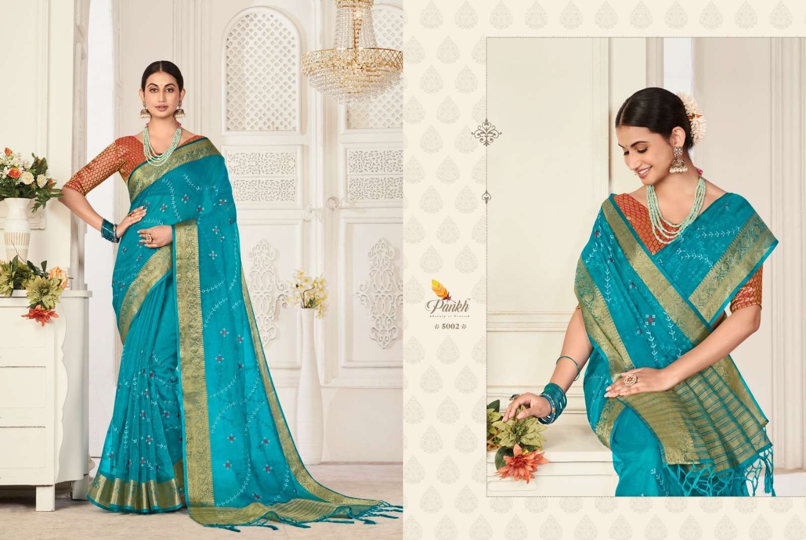 Shagun Vol-1 By Pankh Creation 5001 To 5009 Indian Traditional Wear Collection Beautiful Stylish Fancy Colorful Party Wear & Occasional Wear Organza Sarees At Wholesale Price