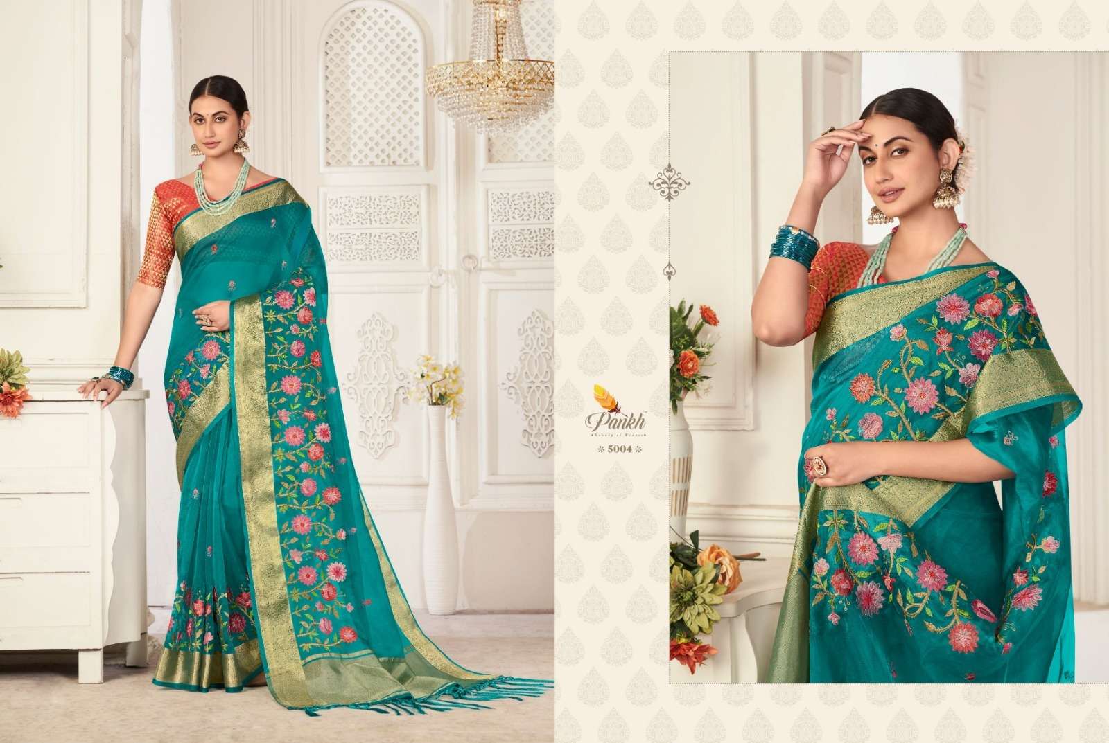 Shagun Vol-1 By Pankh Creation 5001 To 5009 Indian Traditional Wear Collection Beautiful Stylish Fancy Colorful Party Wear & Occasional Wear Organza Sarees At Wholesale Price