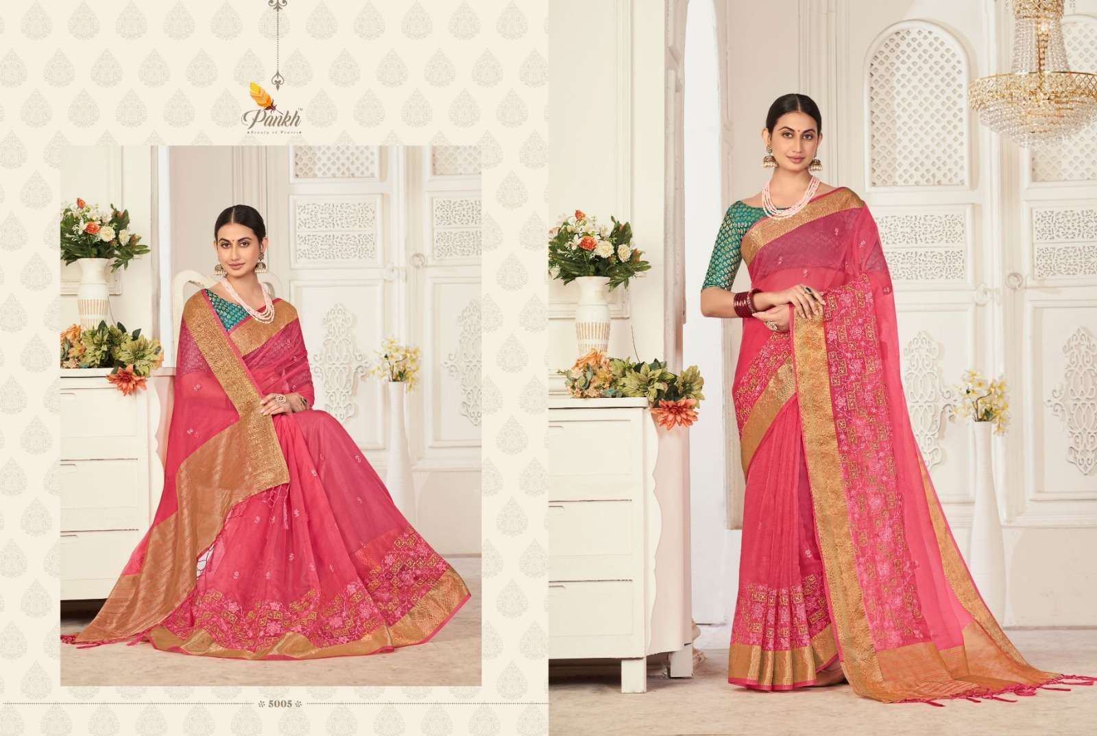 Shagun Vol-1 By Pankh Creation 5001 To 5009 Indian Traditional Wear Collection Beautiful Stylish Fancy Colorful Party Wear & Occasional Wear Organza Sarees At Wholesale Price