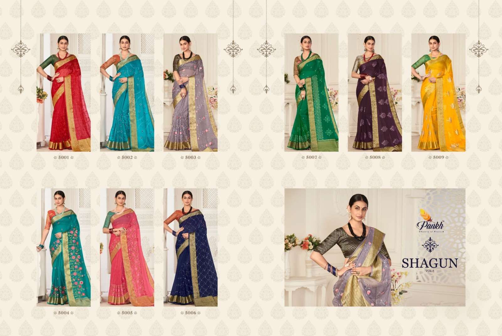 Shagun Vol-1 By Pankh Creation 5001 To 5009 Indian Traditional Wear Collection Beautiful Stylish Fancy Colorful Party Wear & Occasional Wear Organza Sarees At Wholesale Price