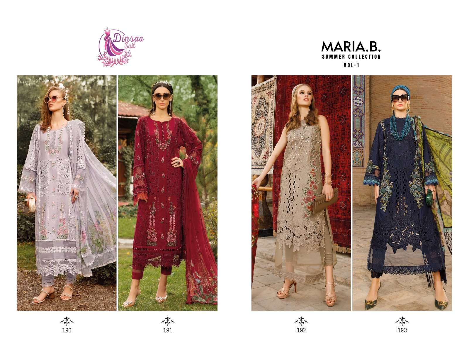 Maria.B. Summer Collection Vol-1 By Dinsaa Suits 190 To 193 Series Beautiful Pakistani Suits Colorful Stylish Fancy Casual Wear & Ethnic Wear Pure Cotton Embroidered Dresses At Wholesale Price