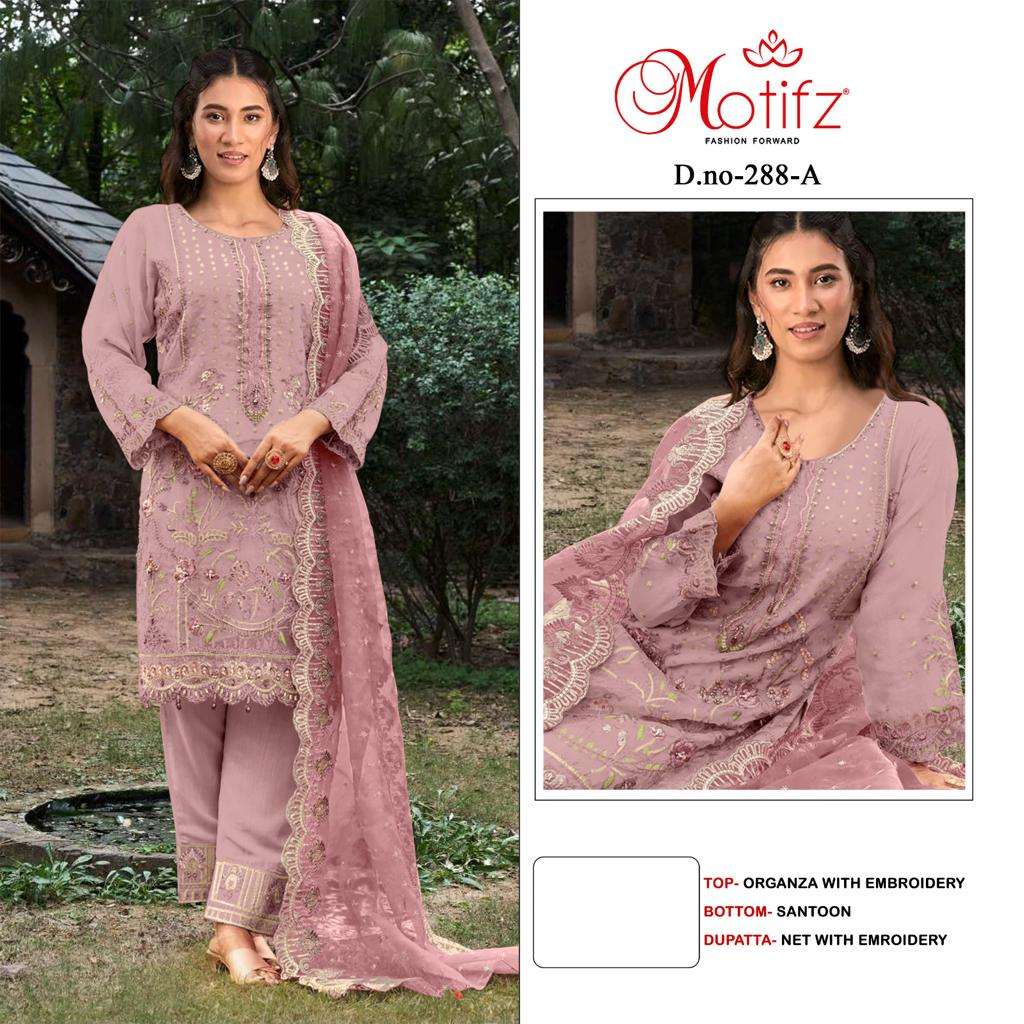 Motifz Hit Design 288 Colours By Motifz 288-A To 288-D Series Beautiful Pakistani Suits Colorful Stylish Fancy Casual Wear & Ethnic Wear Organza Embroidered Dresses At Wholesale Price