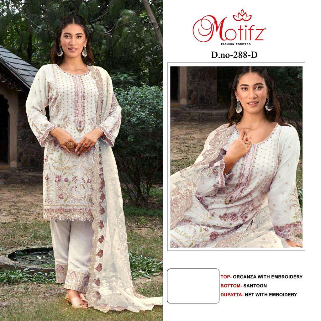 Motifz Hit Design 288 Colours By Motifz 288-A To 288-D Series Beautiful Pakistani Suits Colorful Stylish Fancy Casual Wear & Ethnic Wear Organza Embroidered Dresses At Wholesale Price