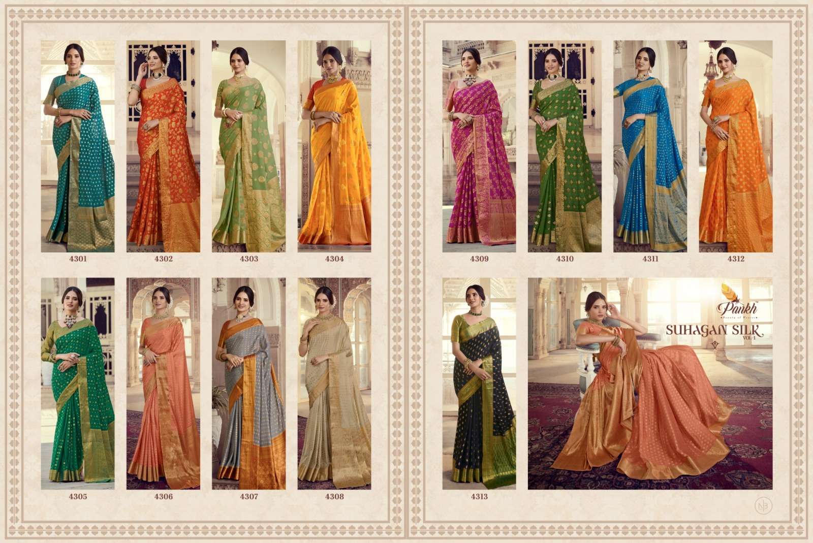 Suhagan Silk Vol-1 By Pankh Creation 4301 To 4313 Series Indian Traditional Wear Collection Beautiful Stylish Fancy Colorful Party Wear & Occasional Wear Chinnon Chiffon Silk Sarees At Wholesale Price