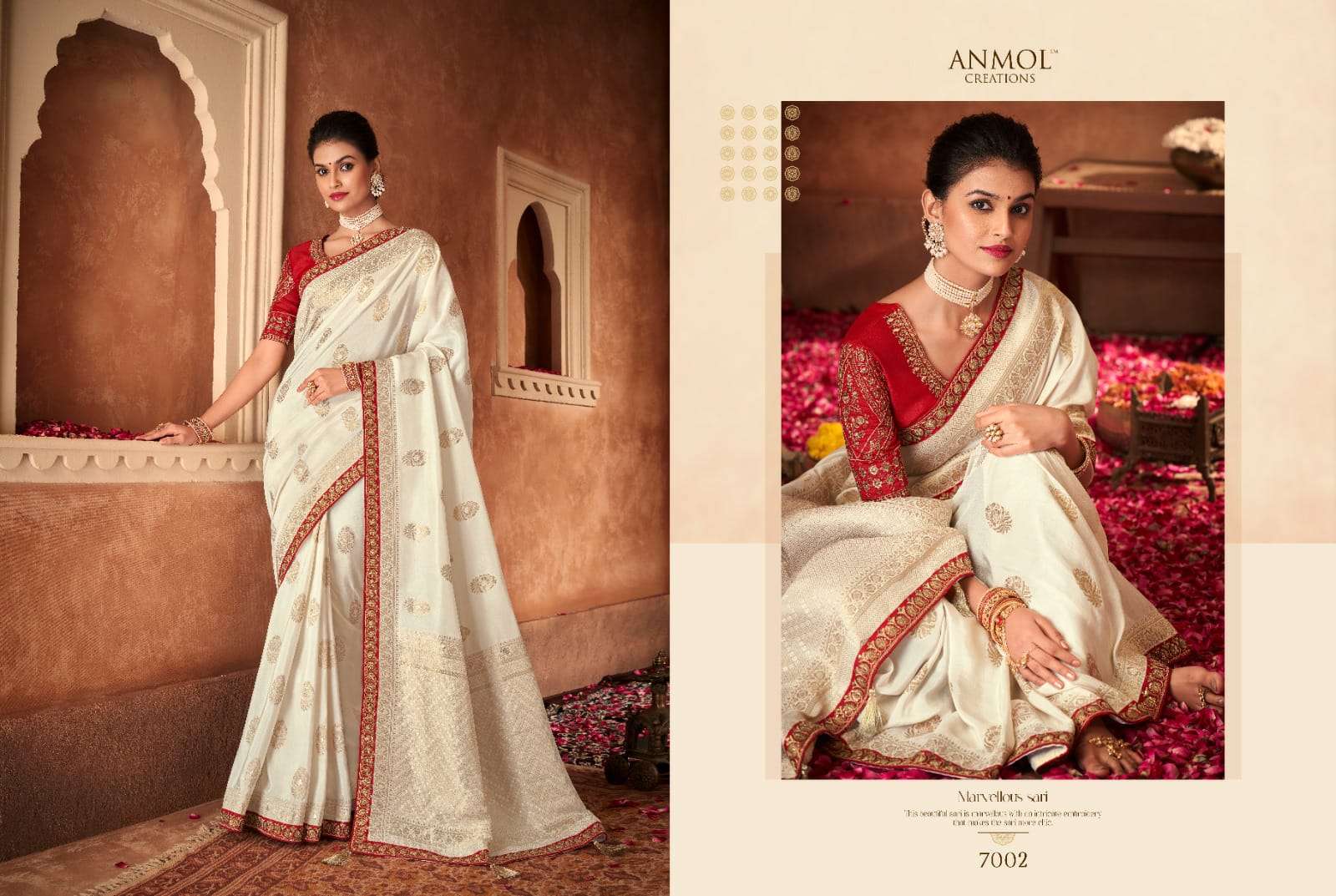 Meera By Anmol Creation 7001 To 7009 Series Indian Traditional Beautiful Stylish Designer Banarasi Silk Jacquard Embroidered Party Wear Pure Dola Sarees At Wholesale Price