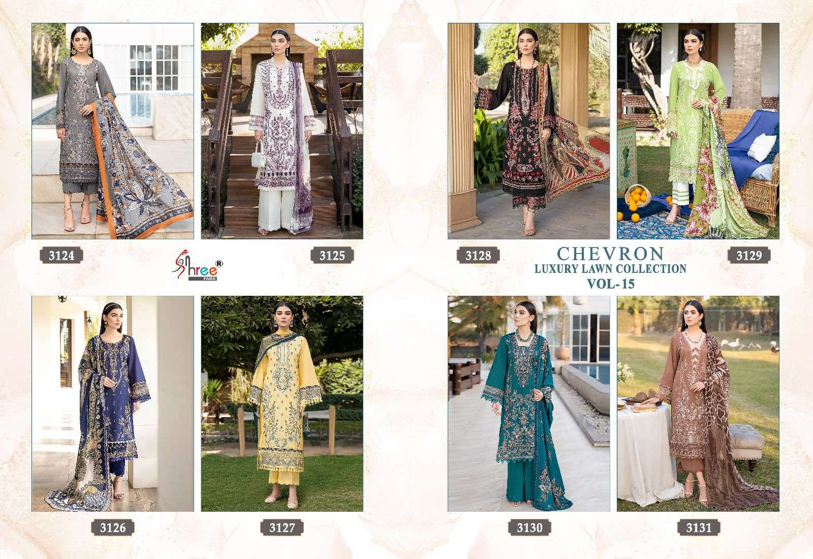 Chevron Luxury Lawn Collection Vol-15 By Shree Fabs 3124 To 3131 Series Designer Pakistani Suits Beautiful Fancy Stylish Colorful Party Wear & Occasional Wear Pure Lawn With Embroidery Dresses At Wholesale Price