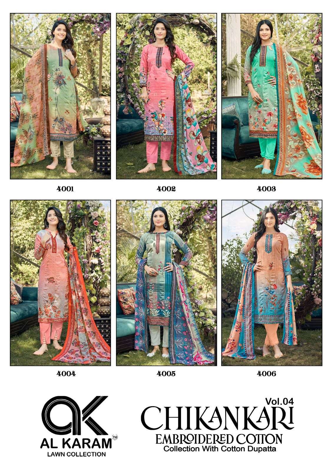 Chikankari Vol-4 By Al Karam Lawn Collection 4001 To 4006 Series Beautiful Festive Suits Colorful Stylish Fancy Casual Wear & Ethnic Wear Pure Cotton Print Dresses At Wholesale Price