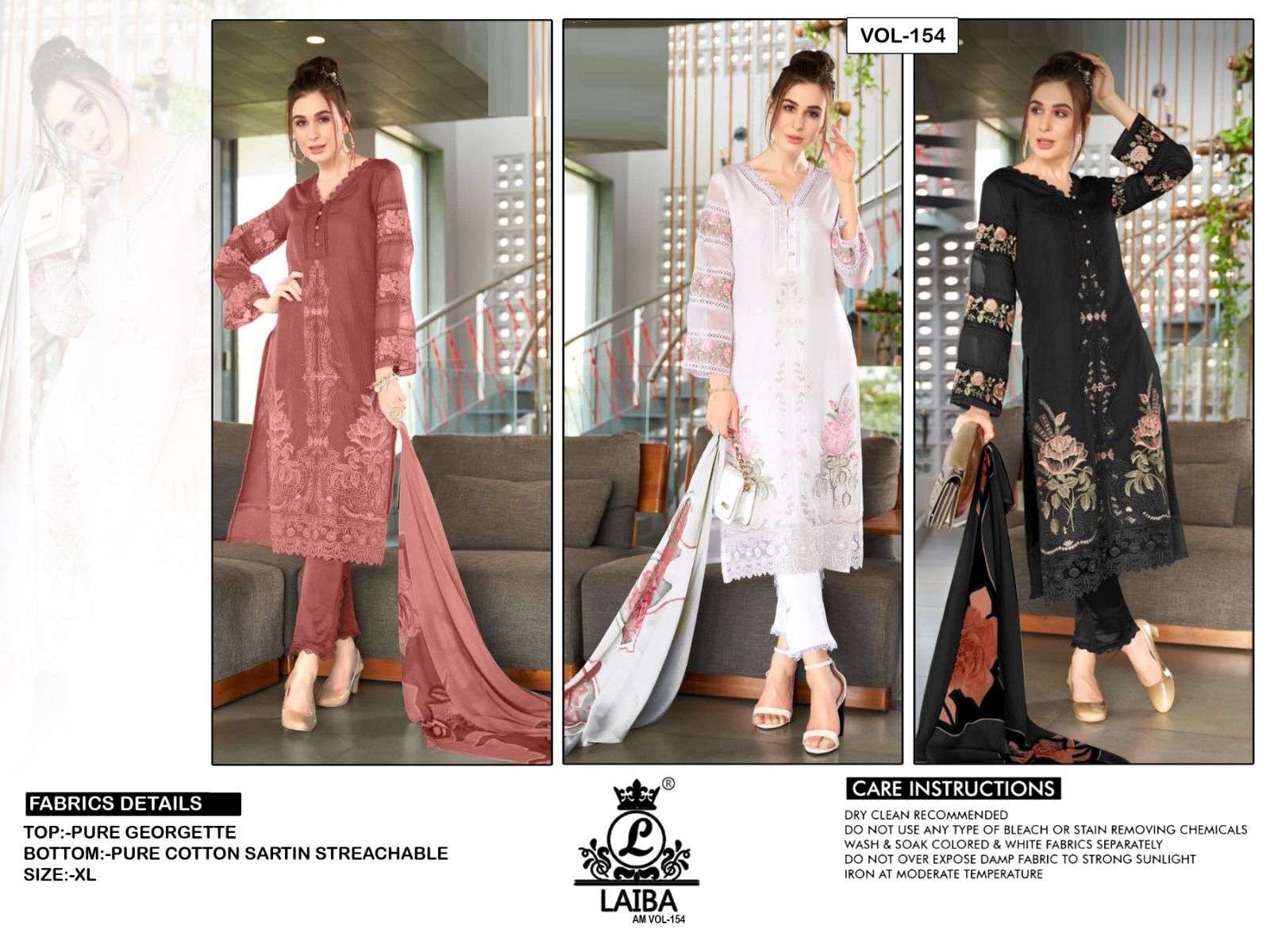 Am Vol-154 By Laiba 154-A To 154-C Series Beautiful Pakistani Suits Stylish Colorful Fancy Casual Wear & Ethnic Wear Pure Georgette Embroidered Dresses At Wholesale Price