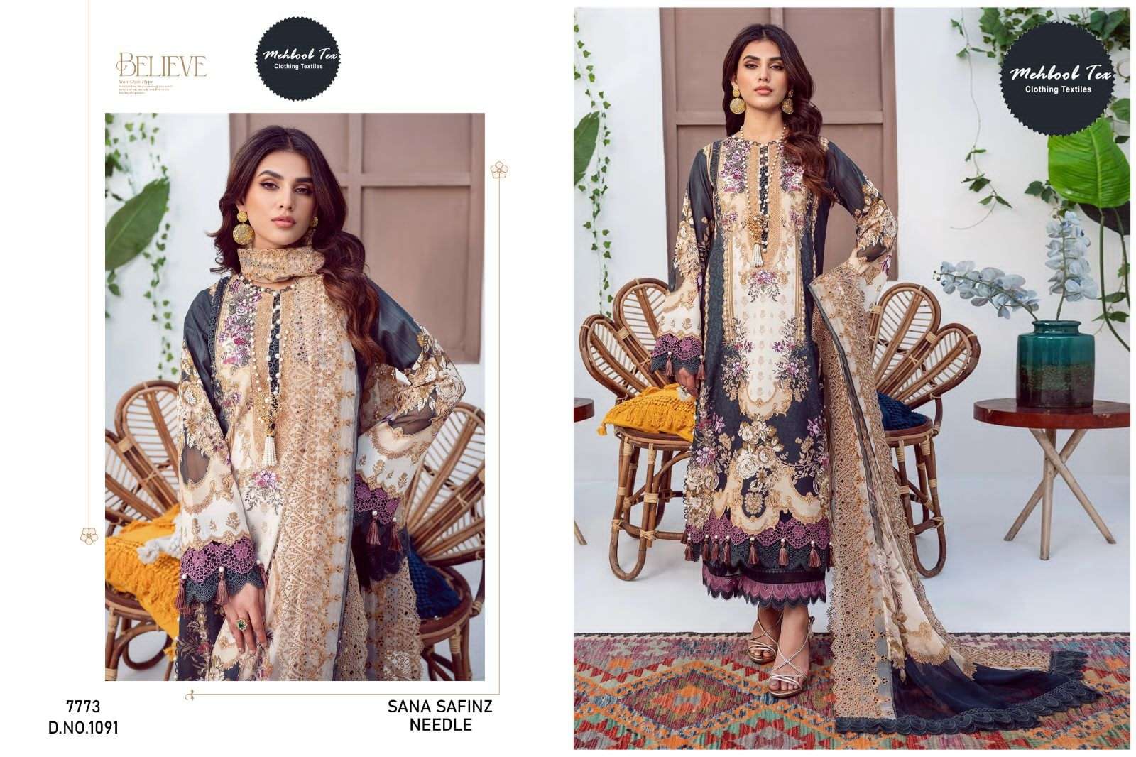 Sana Safinaz Needle By Mehboob Tex 1091 To 1093 Series Beautiful Pakistani Suits Colorful Stylish Fancy Casual Wear Lawn Cotton Embroidered Dresses At Wholesale Price