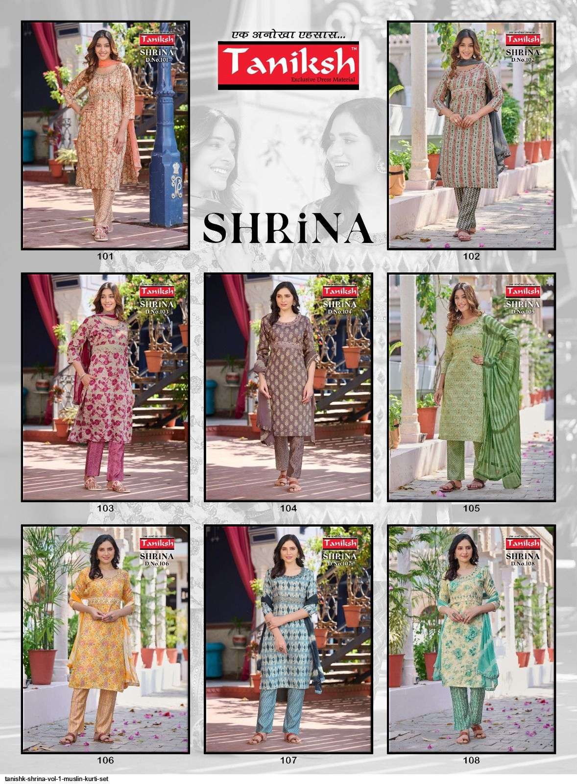 Shrina Vol-1 By Taniksh 101 To 108 Series Designer Festive Suits Beautiful Fancy Stylish Colorful Party Wear & Occasional Wear Muslin Print Dresses At Wholesale Price
