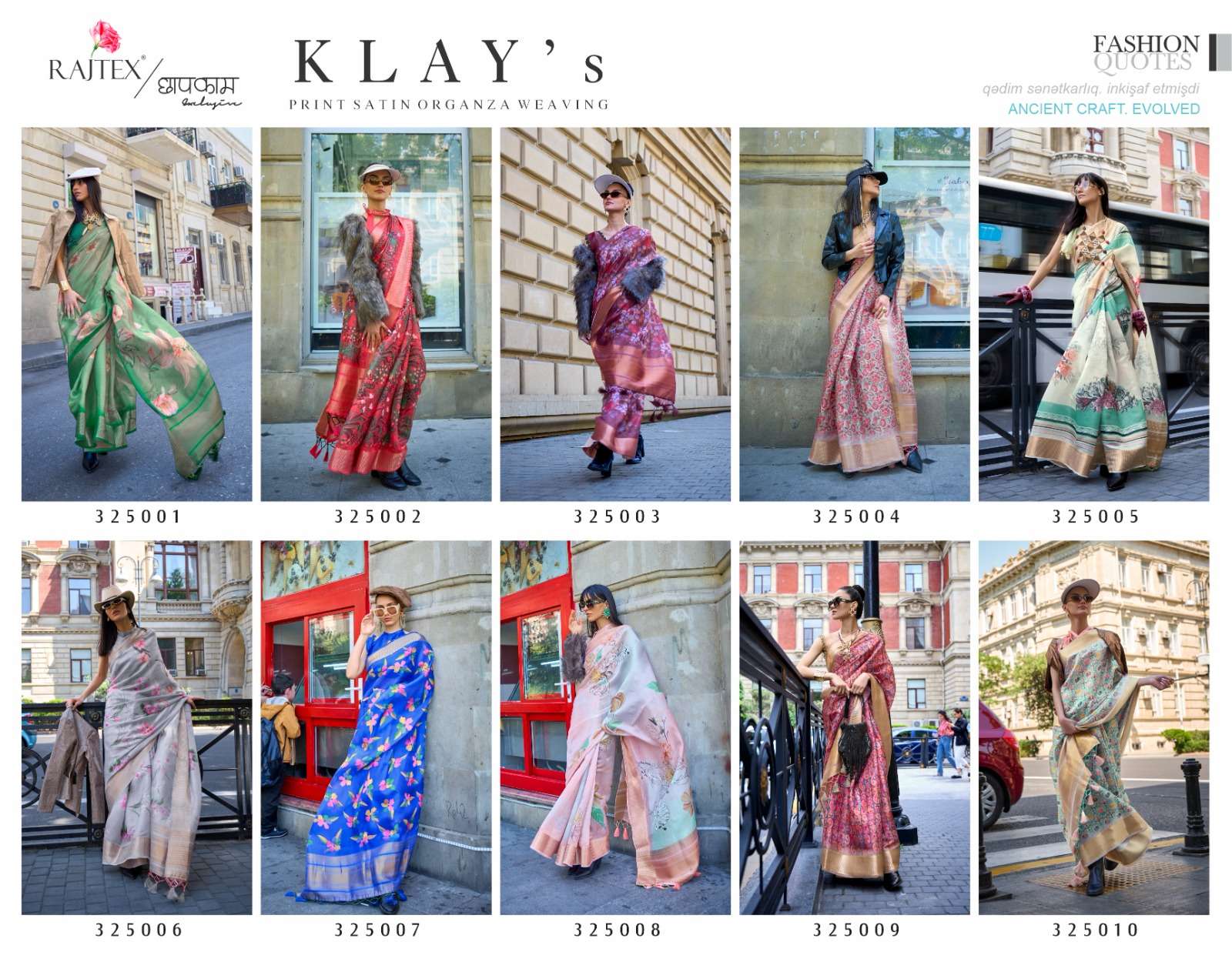 Klays By Raj Tex 325001 To 325010 Series Indian Traditional Wear Collection Beautiful Stylish Fancy Colorful Party Wear & Occasional Wear Organza Satin Sarees At Wholesale Price